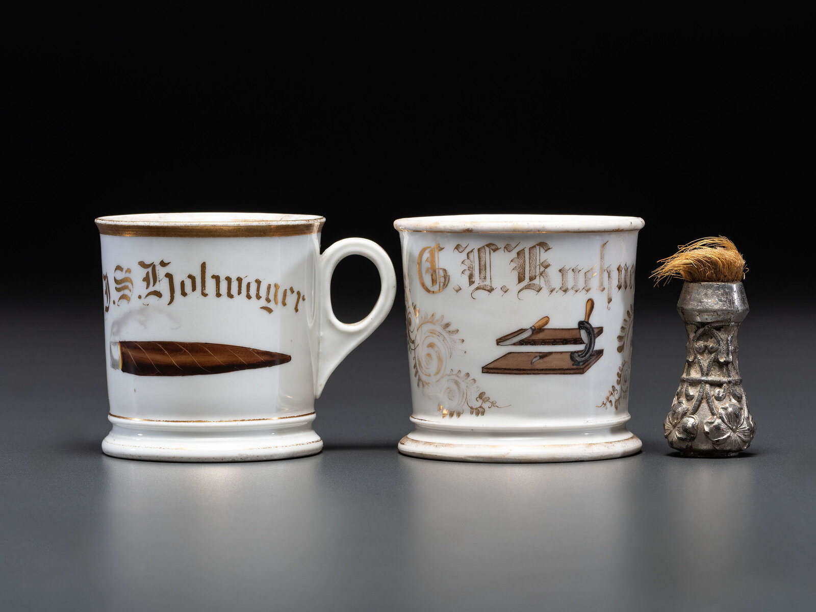 Appraisal: Two Tobacco Related Porcelain Occupational Shaving Mugs Late th Early