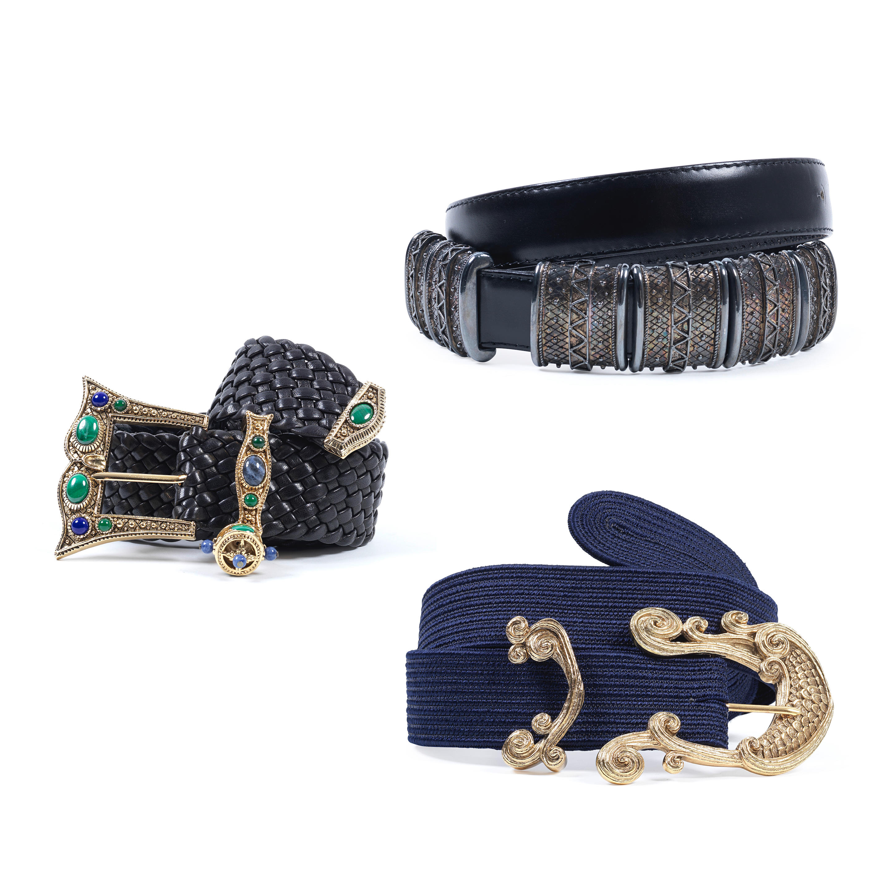 Appraisal: CHRISTIAN DIOR THREE ELABORATE BELTS s The first in blue