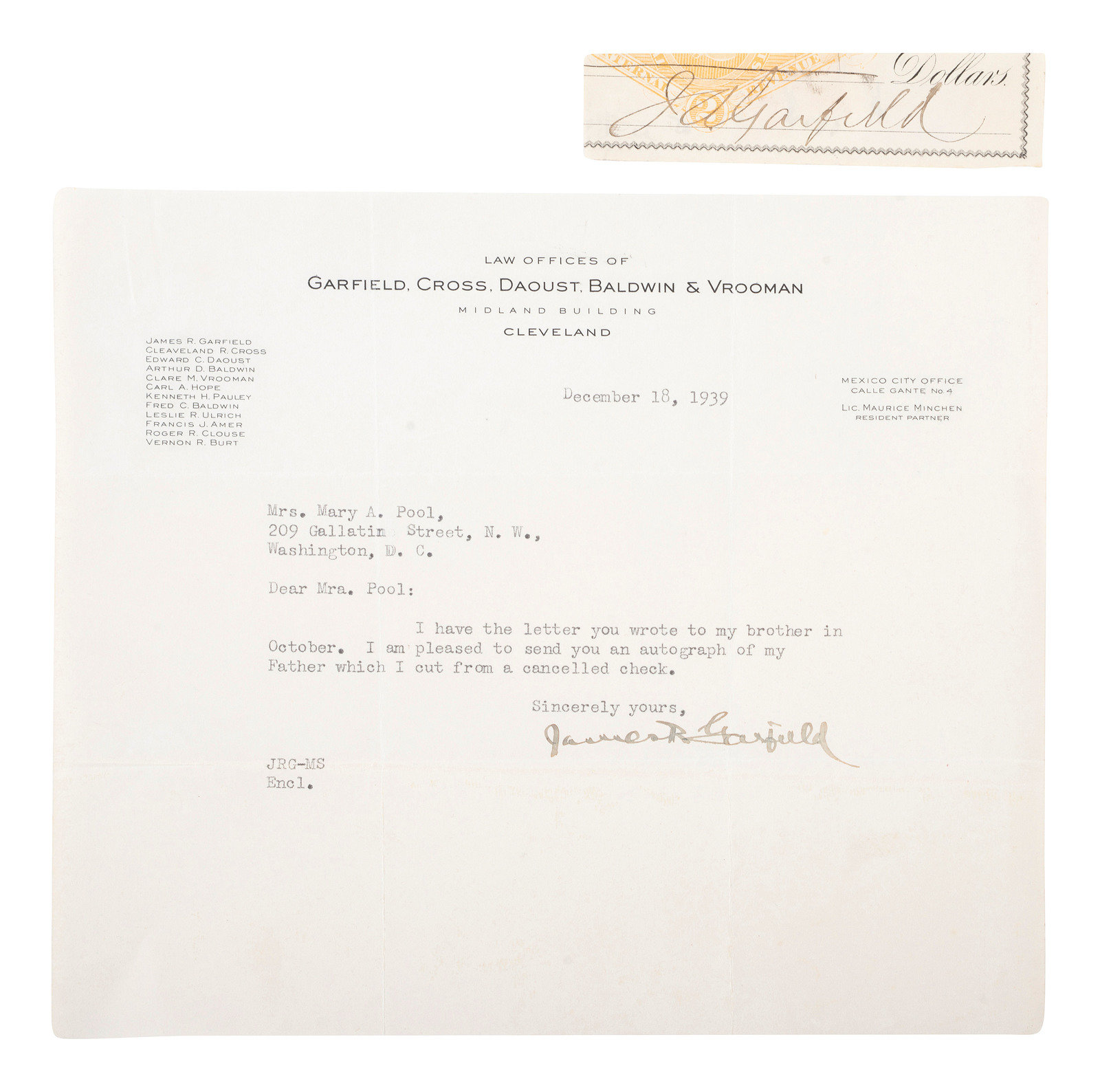 Appraisal: GARFIELD James A - Clipped signature from a check with