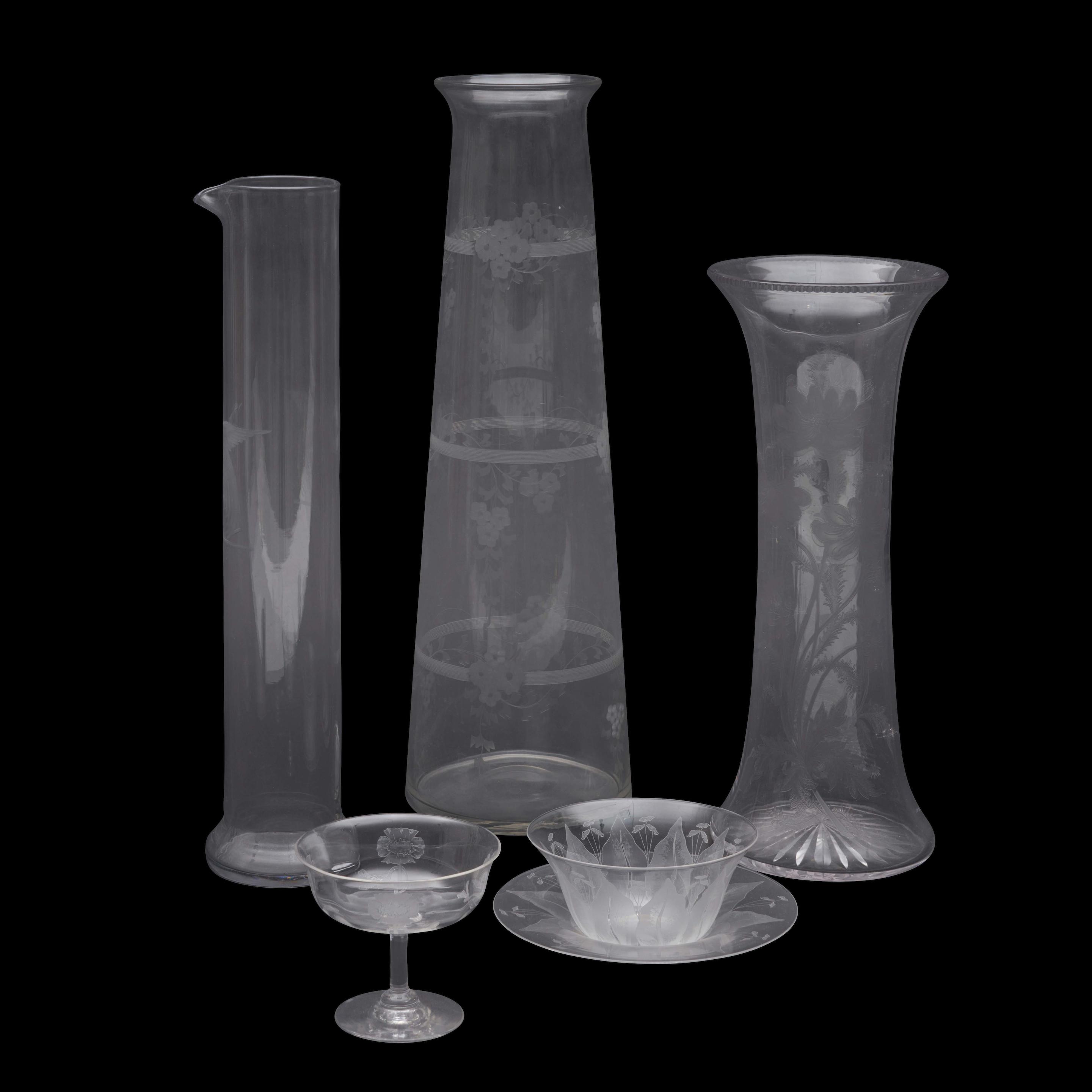 Appraisal: FIVE PIECES OF ETCHED CLEAR GLASS two vases with floral