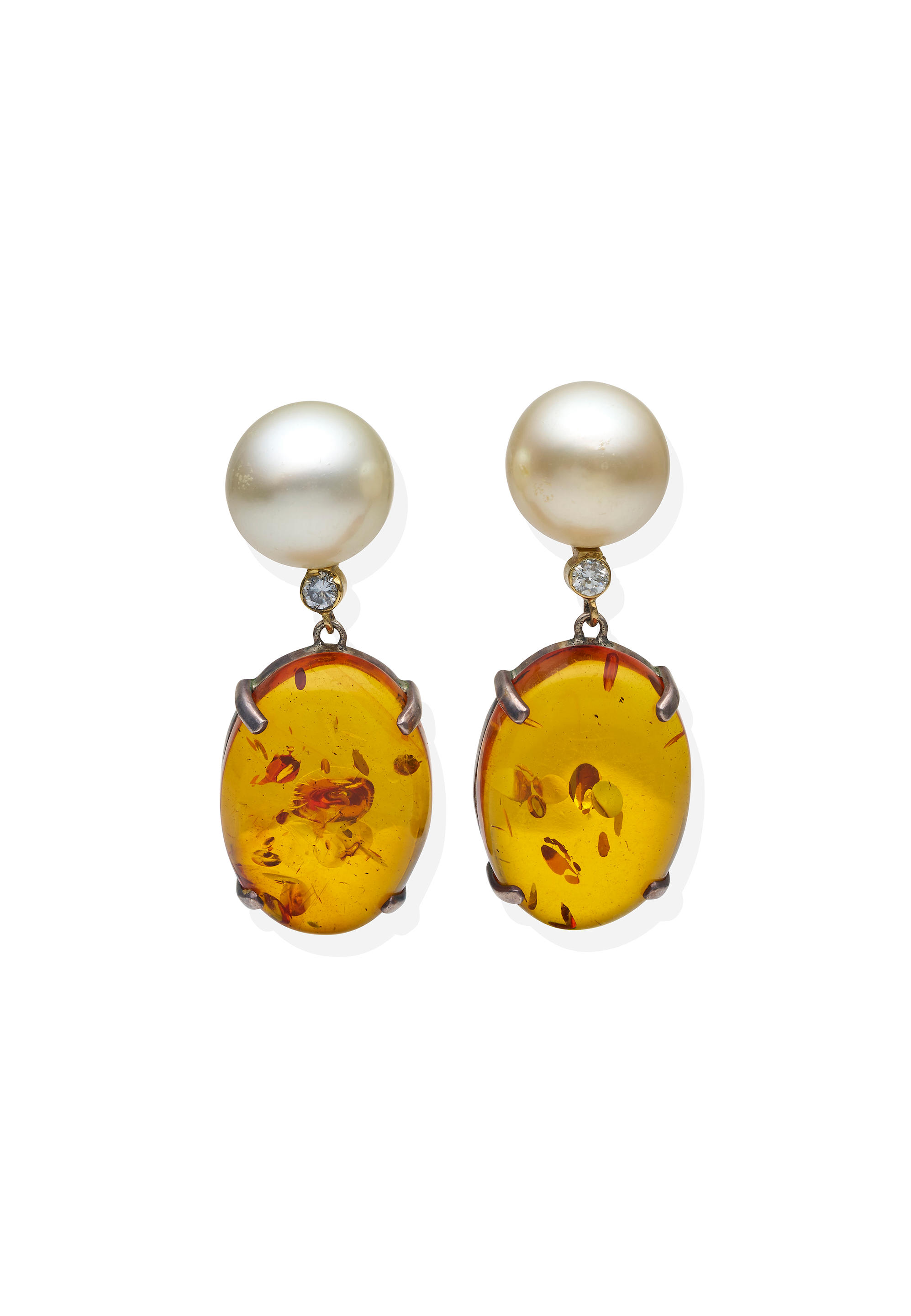 Appraisal: PAIR OF CULTUED PEARL AND AMBER PENDENT EARRINGS Each set