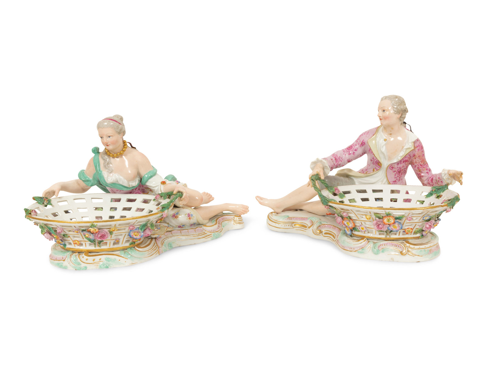 Appraisal: A Pair of German Porcelain Figural Sweetmeat Baskets th th