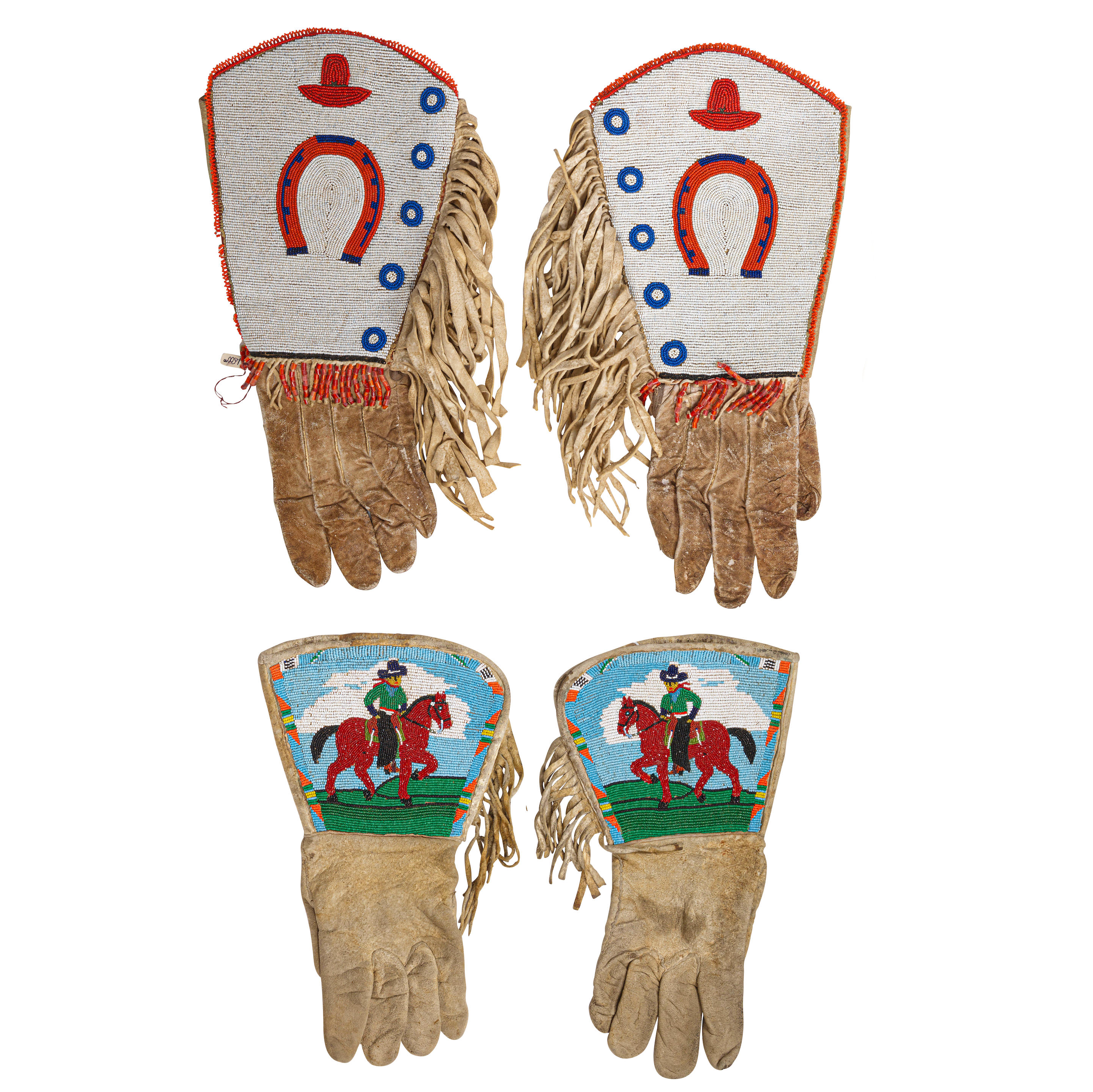 Appraisal: TWO PAIRS OF PLATEAU PICTORIAL WESTERN-THEME BEADED GAUNTLETS Each of