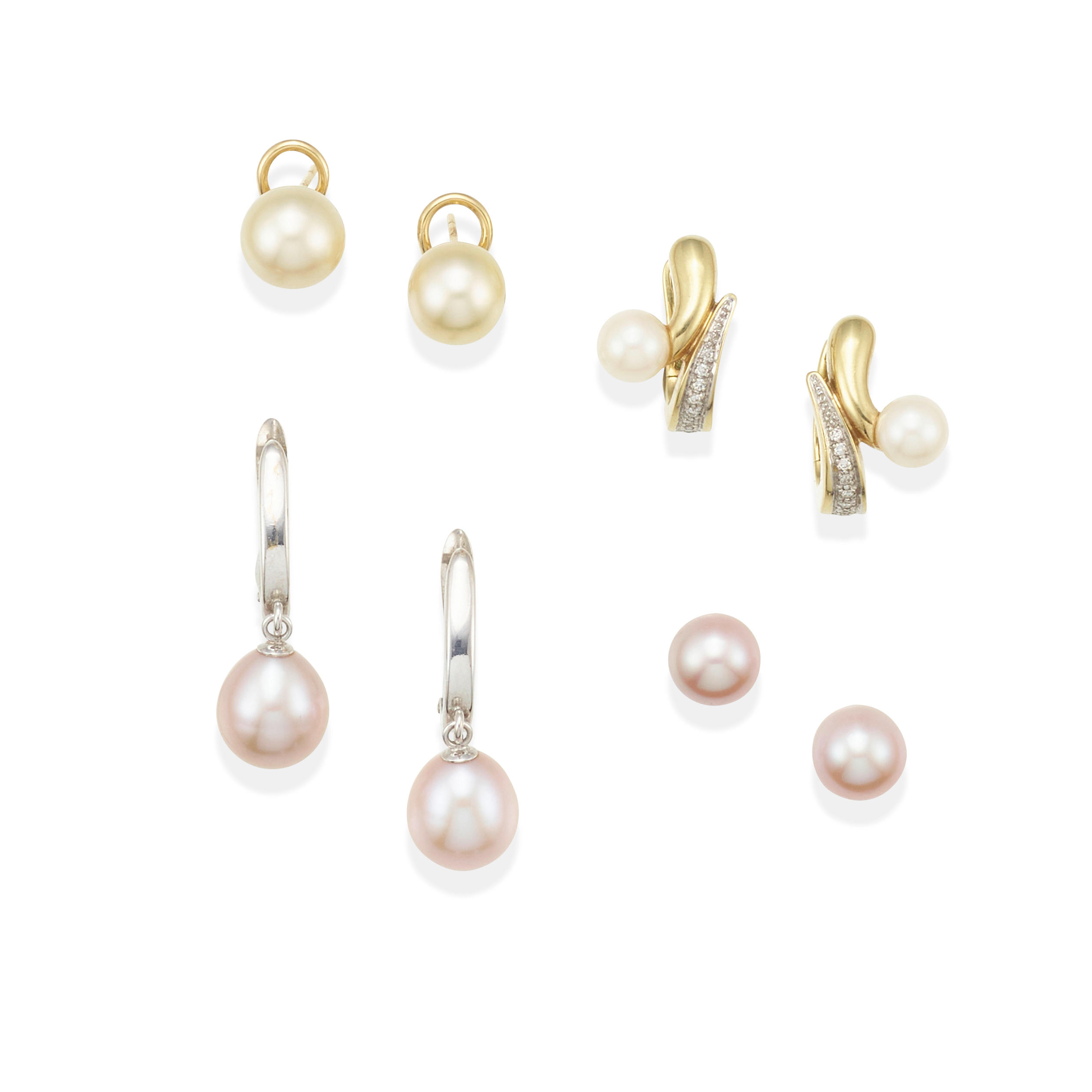 Appraisal: A GROUP OF BI-COLOR GOLD CULTURED PEARL AND DIAMOND EARRINGS