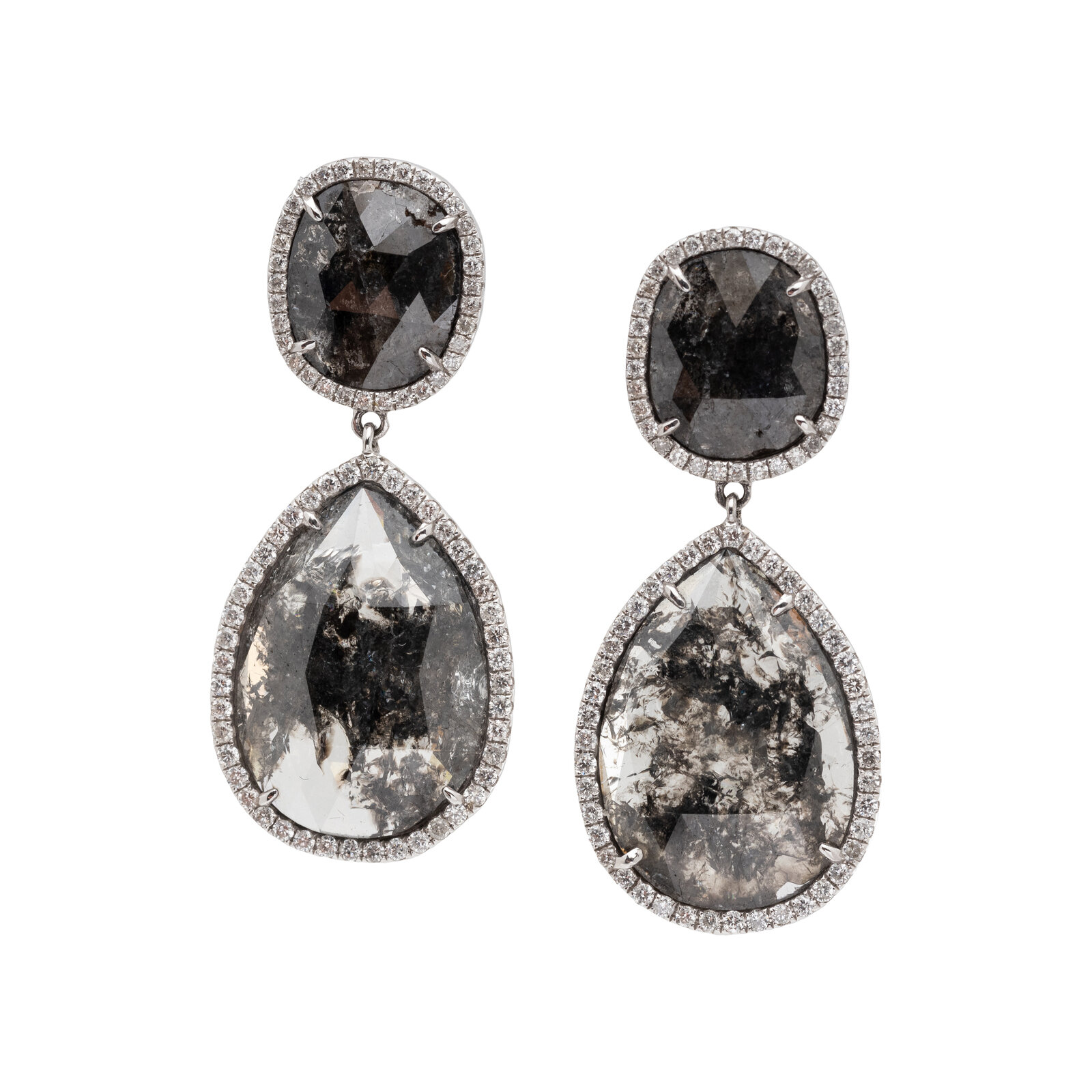 Appraisal: GREY DIAMOND AND DIAMOND EARRINGS Cushion rose cut grey diamonds