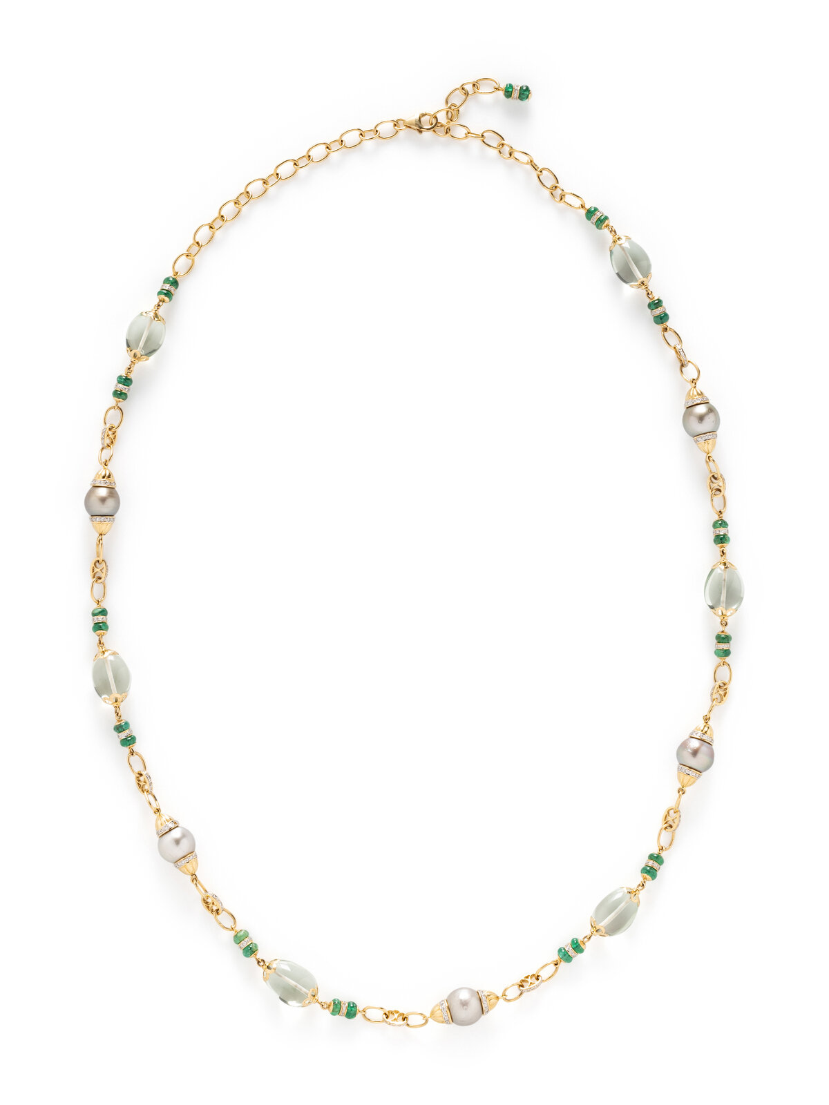 Appraisal: CULTURED GREY PEARL EMERALD DIAMOND AND GREEN QUARTZ NECKLACE Pearls