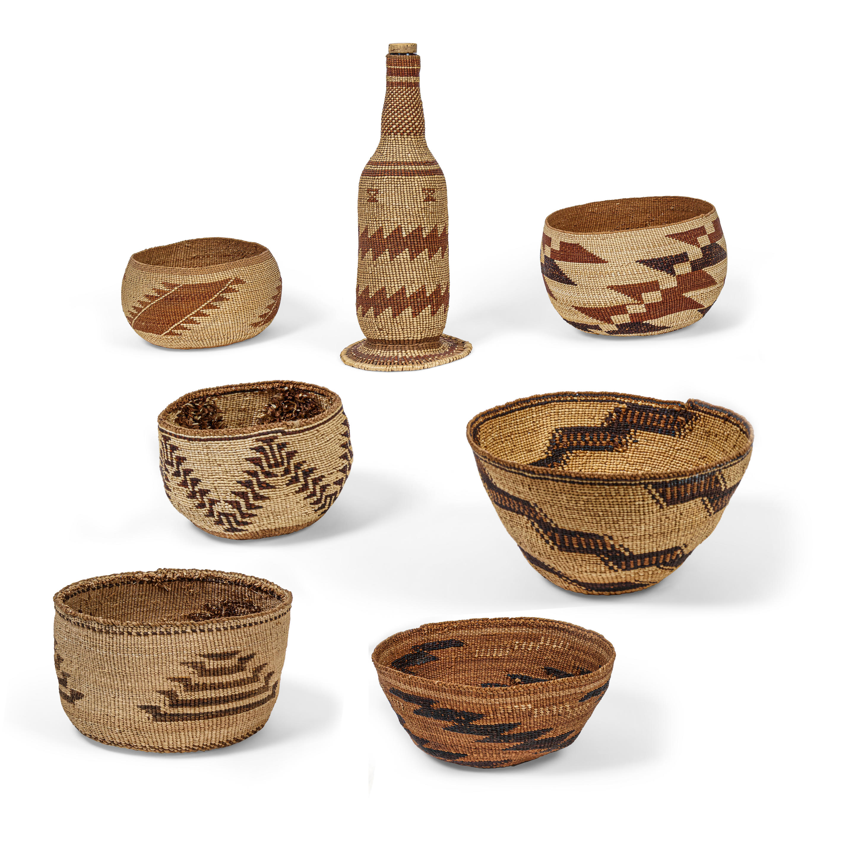 Appraisal: SEVEN NORTHERN CALIFORNIA TWINED BASKETS Comprising four Northeastern bowl forms