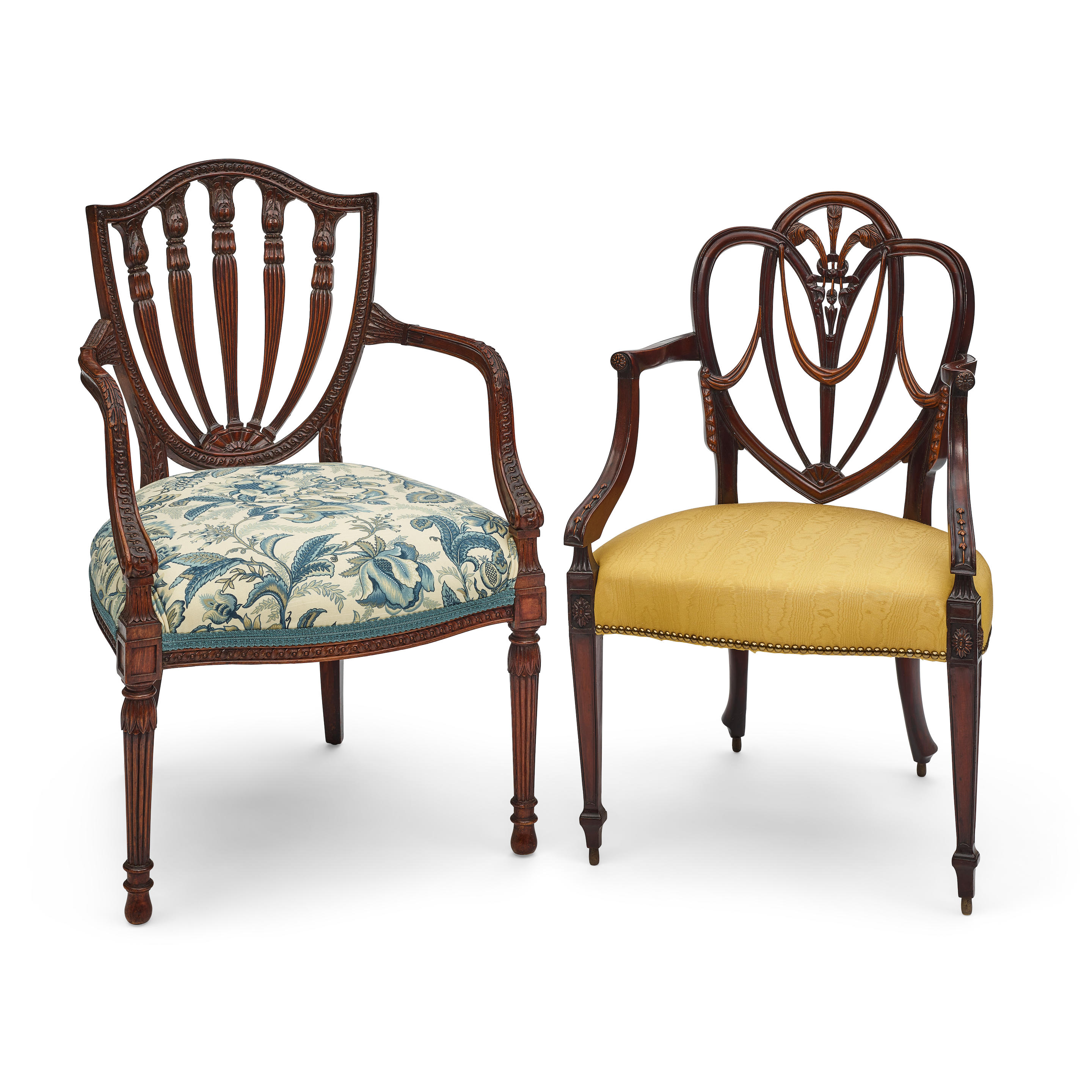 Appraisal: TWO GEORGE III STYLE MAHOGANY ARMCHAIRS With Marvic Moire Sanderson