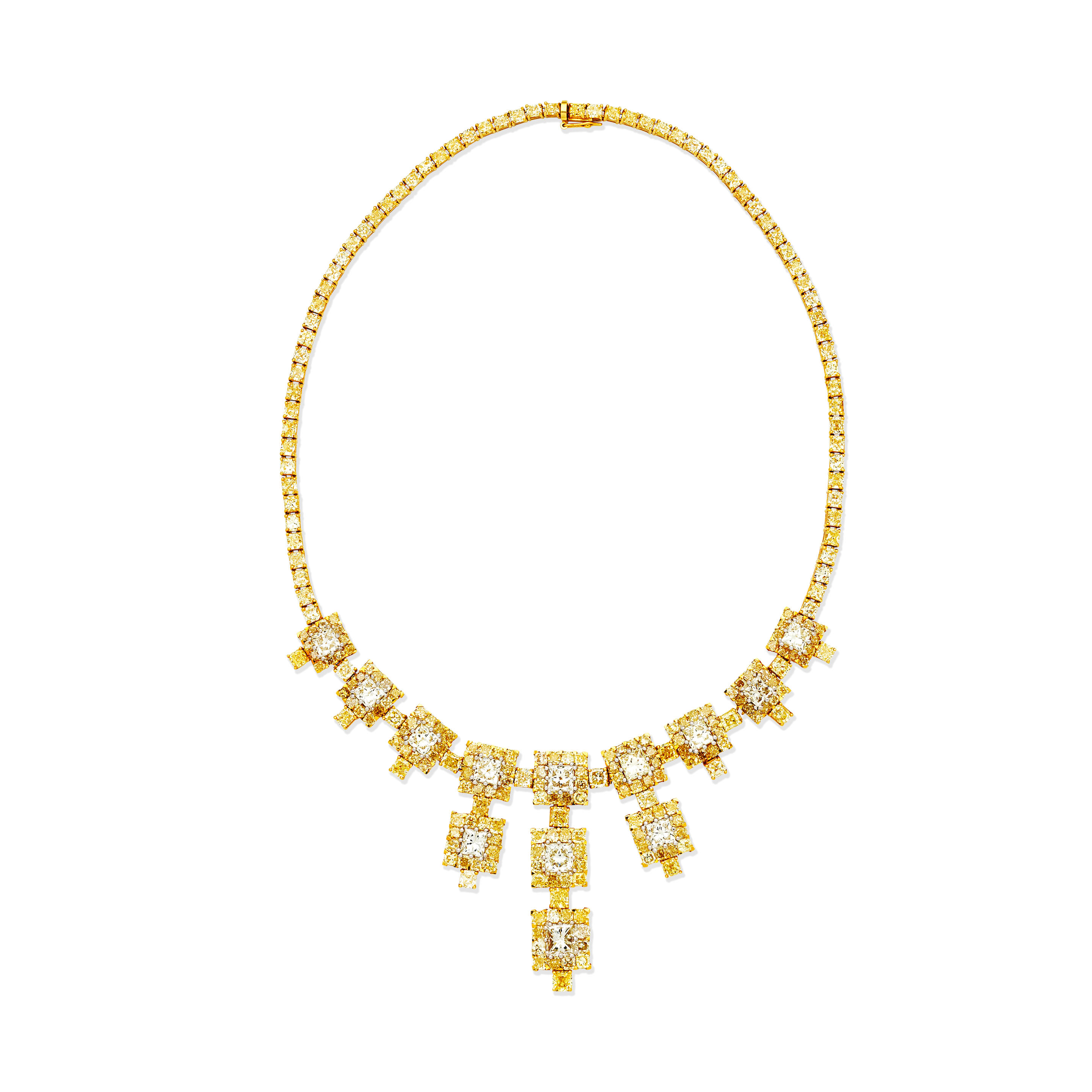 Appraisal: DIAMOND AND COLOURED DIAMOND FRINGE NECKLACE Set to the front