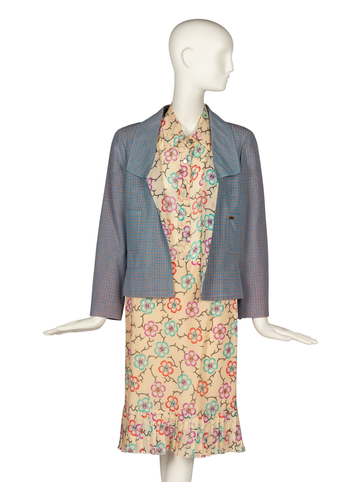 Appraisal: Chanel Floral Silk Ensemble THE FIRST Open-front jacket in silk