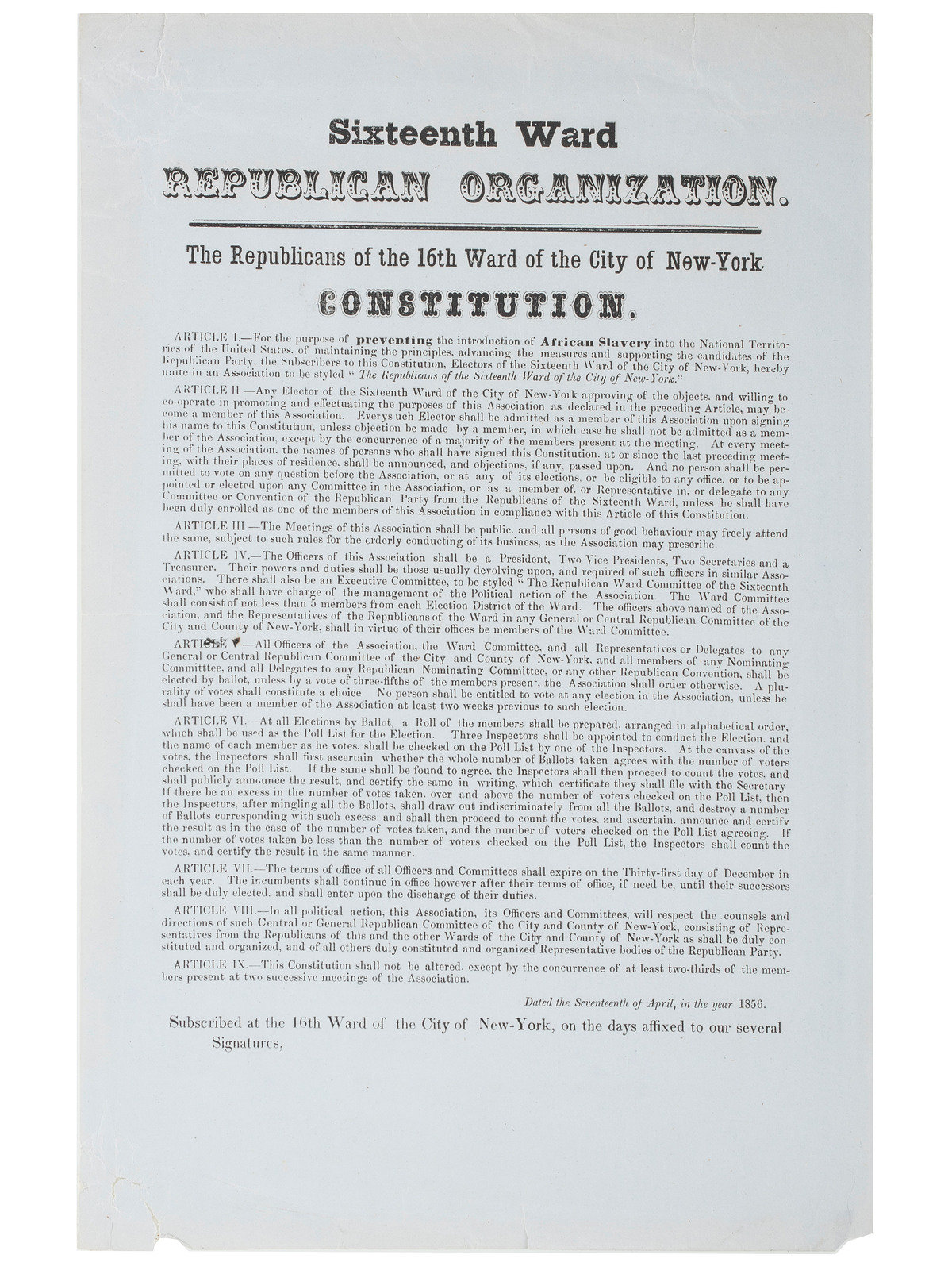 Appraisal: SLAVERY amp ABOLITION Sixteenth Ward Republican Organization Constitution New York