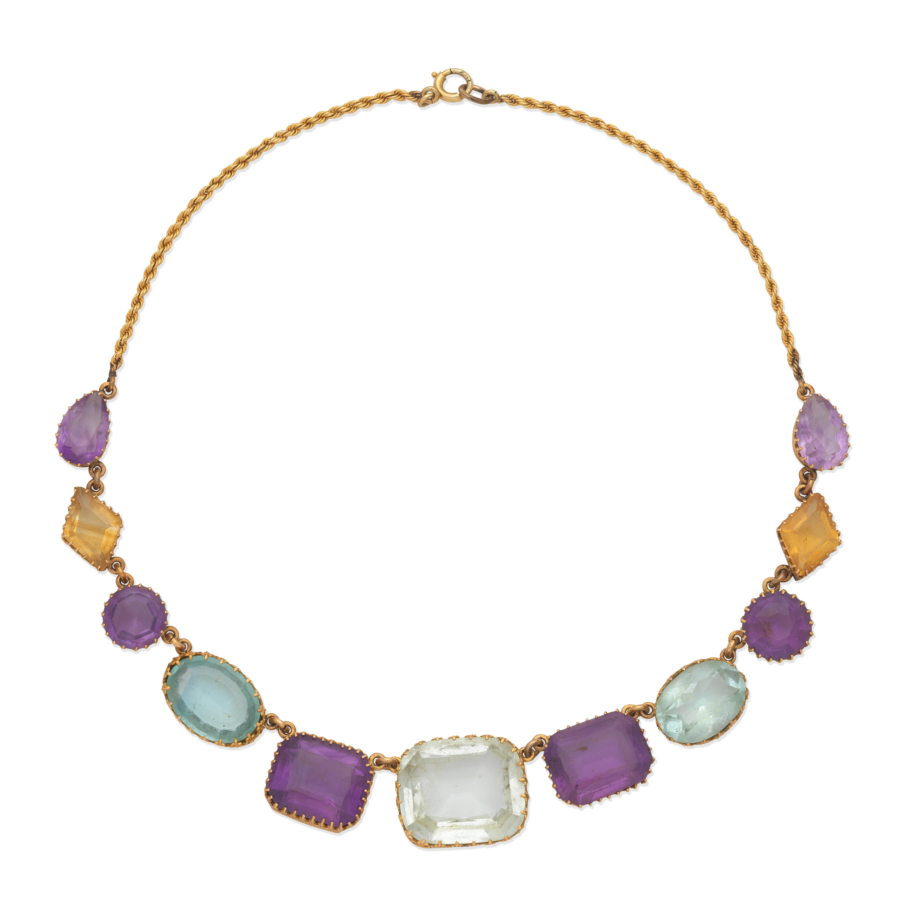 Appraisal: AQUAMARINE AMETHYST AND CITRINE NECKLACE LATE TH CENTURY Vari-cut aquamarine