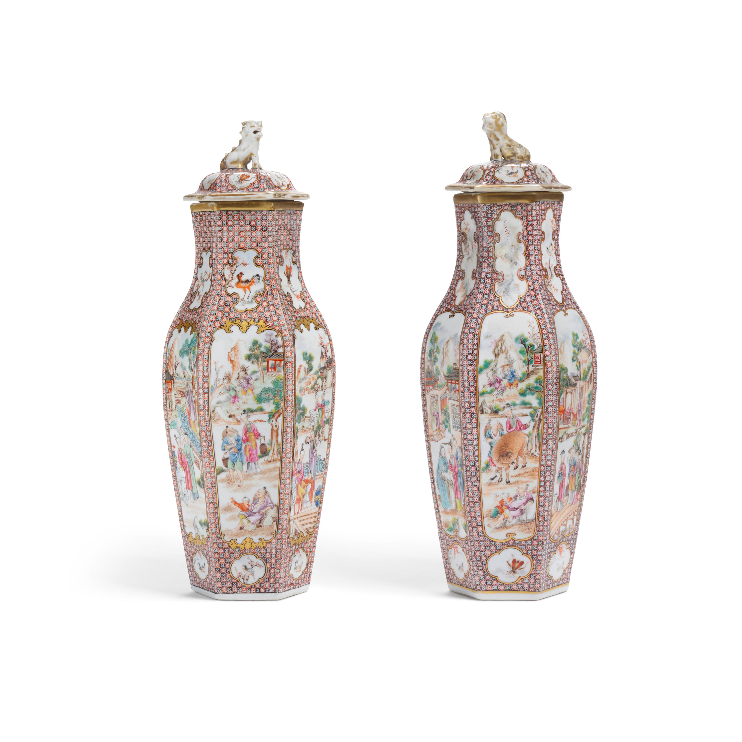 Appraisal: A PAIR OF HEXAGONAL-SECTION MANDARIN PALETTE CHINESE EXPORT PORCELAIN COVERED