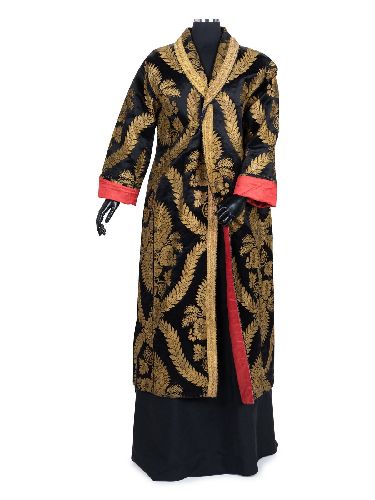 Appraisal: Unlabeled Satin and Gold Thread Wrap Coat Black silk evening