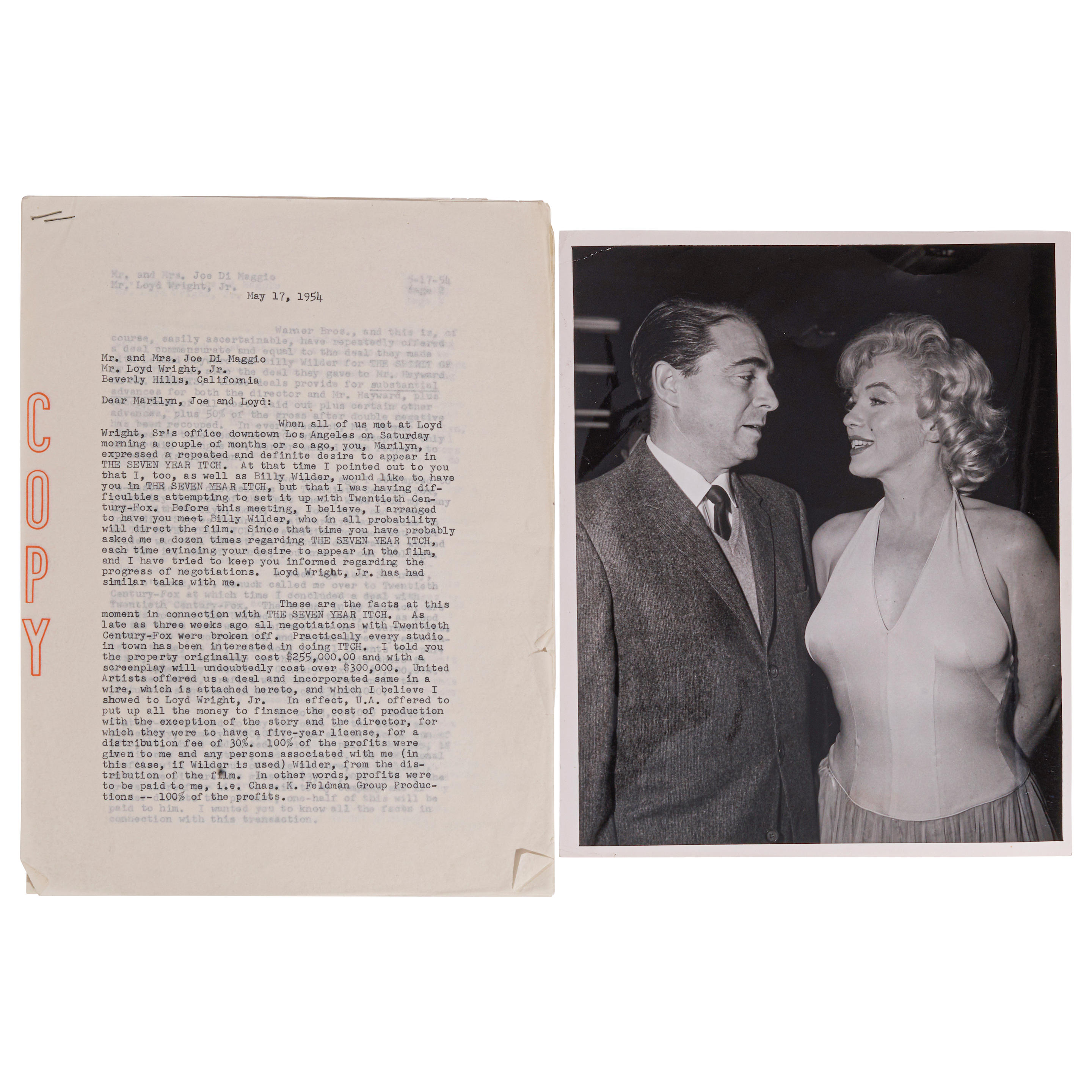 Appraisal: A CHARLES FELDMAN LETTER TO MARILYN MONROE AND JOE DIMAGGIO