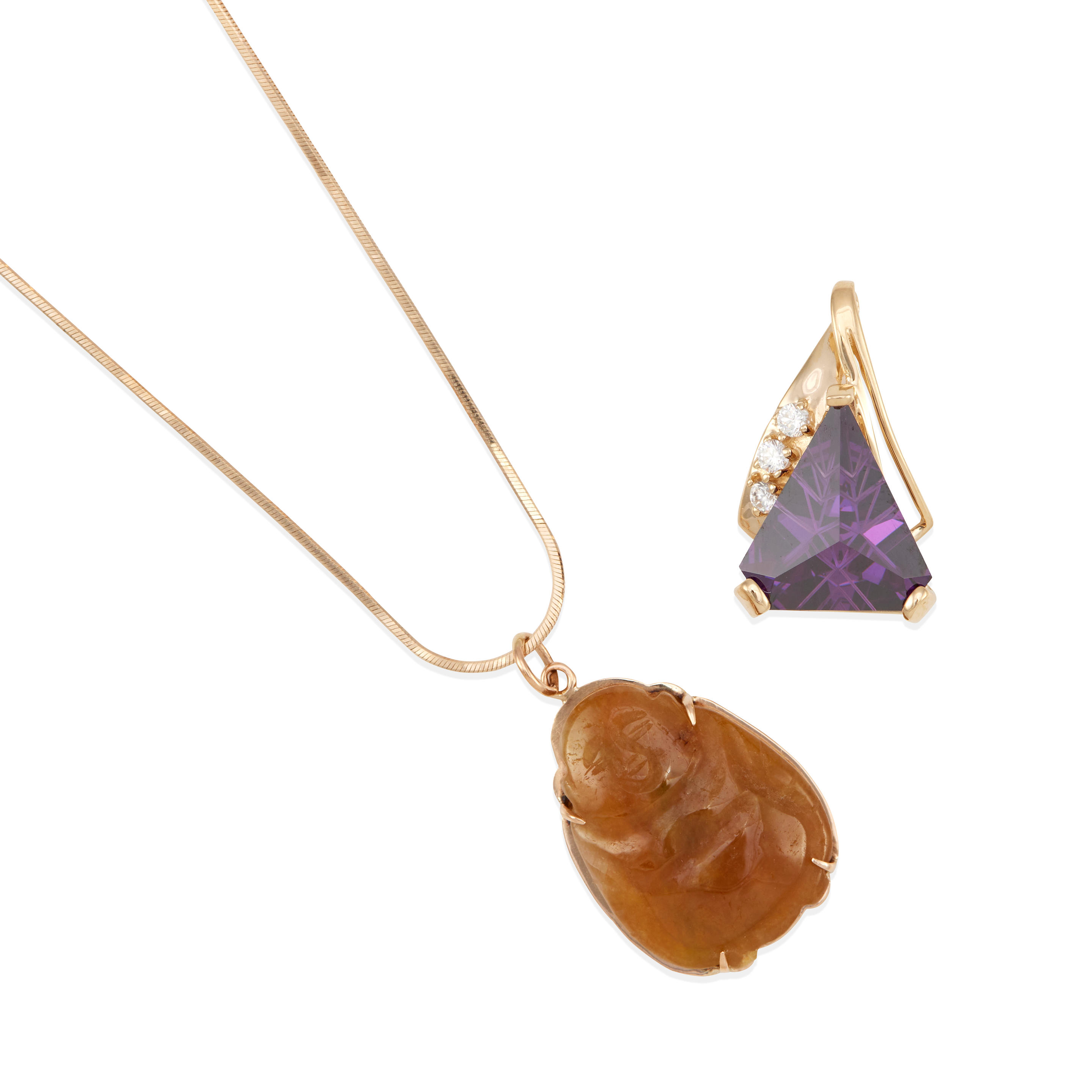 Appraisal: TWO K GOLD ORANGE JADE AMETHYSTS AND DIAMOND PENDANT NECKLACES