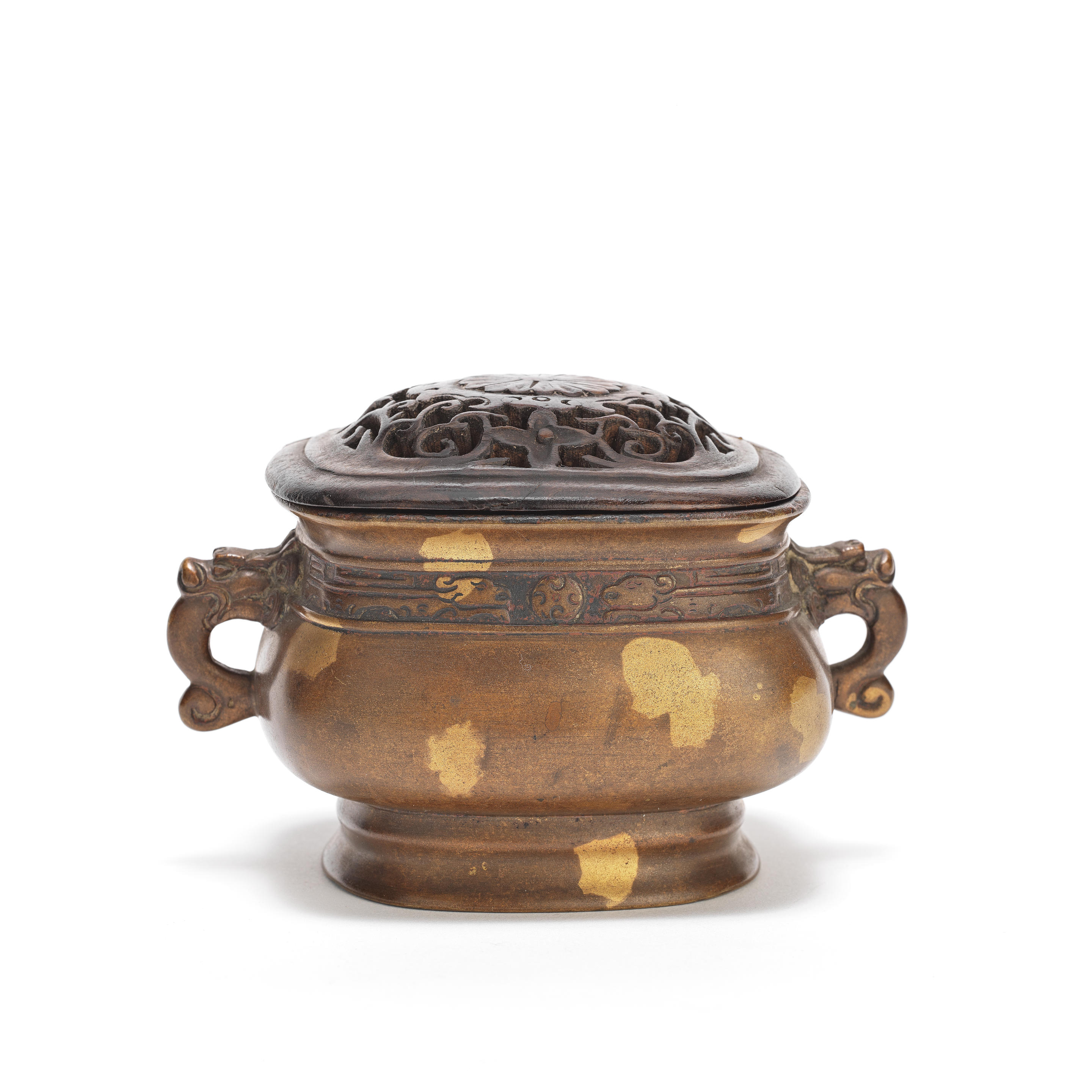 Appraisal: A GOLD SPLASHED BRONZE INCENSE BURNER GUI Xuande six-character mark