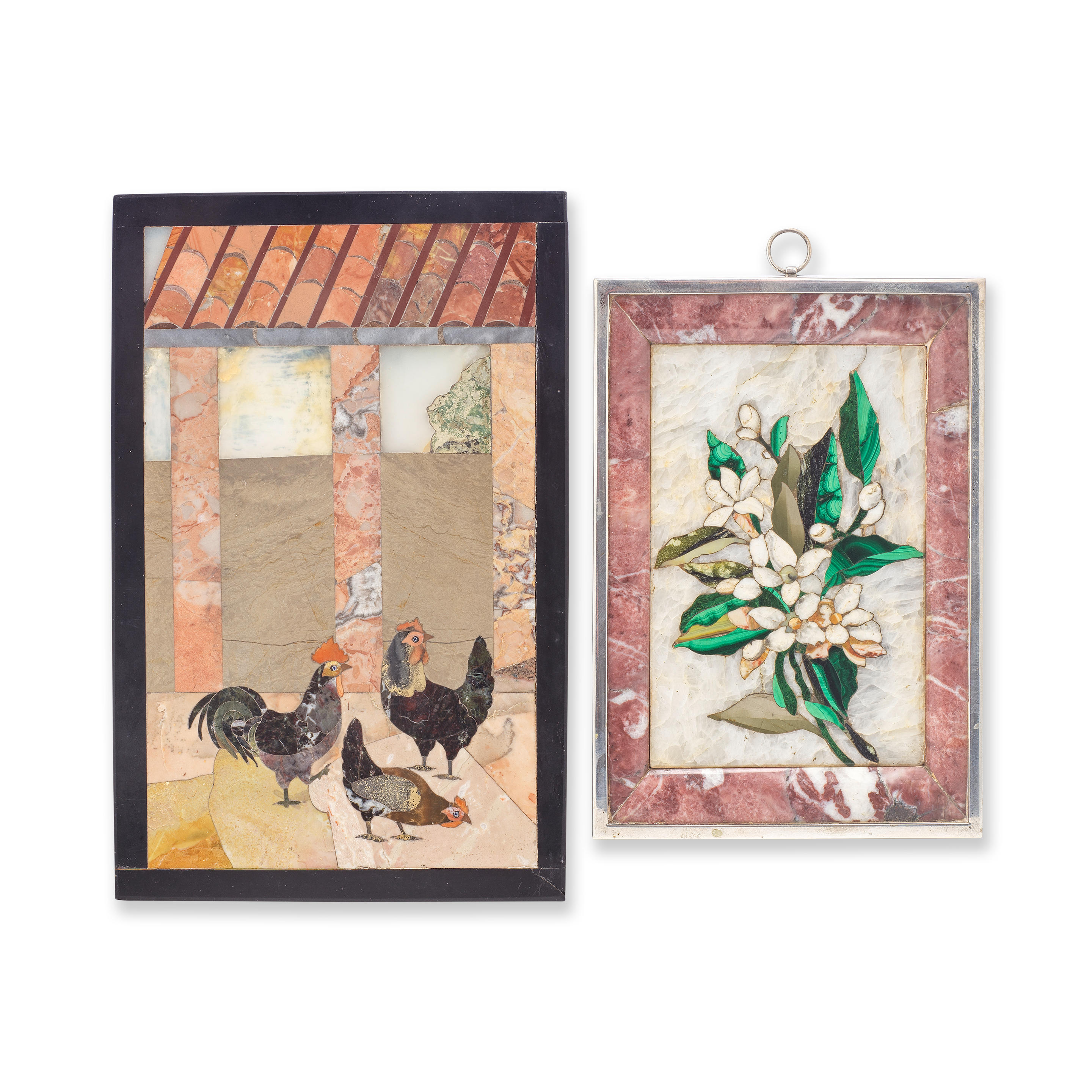 Appraisal: AN ITALIAN PIETRE DURE PANEL OF TWO HENS AND A