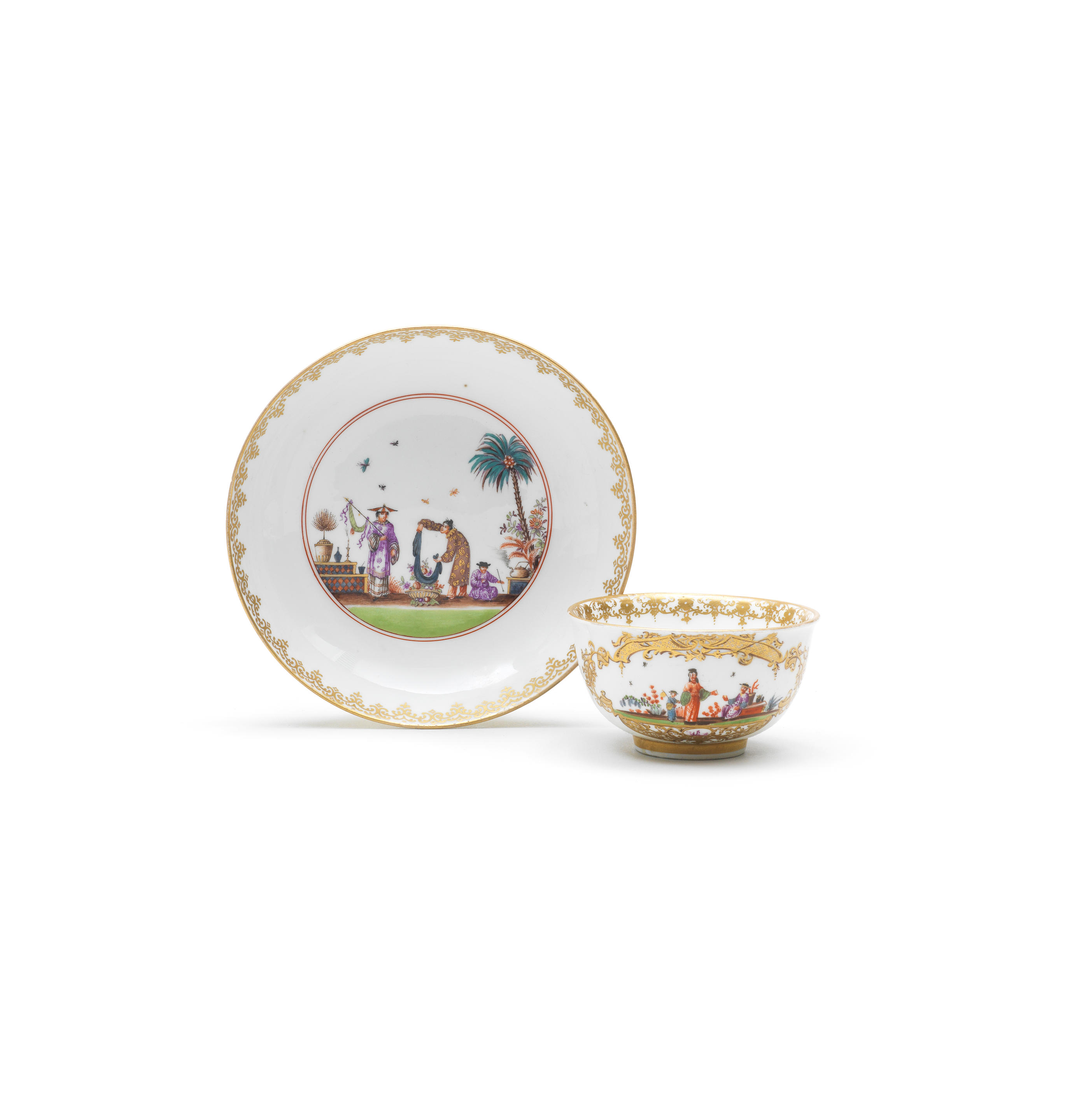 Appraisal: A MEISSEN TEACUP AND A MATCHED SAUCER WITH CHINOISERIE SCENES