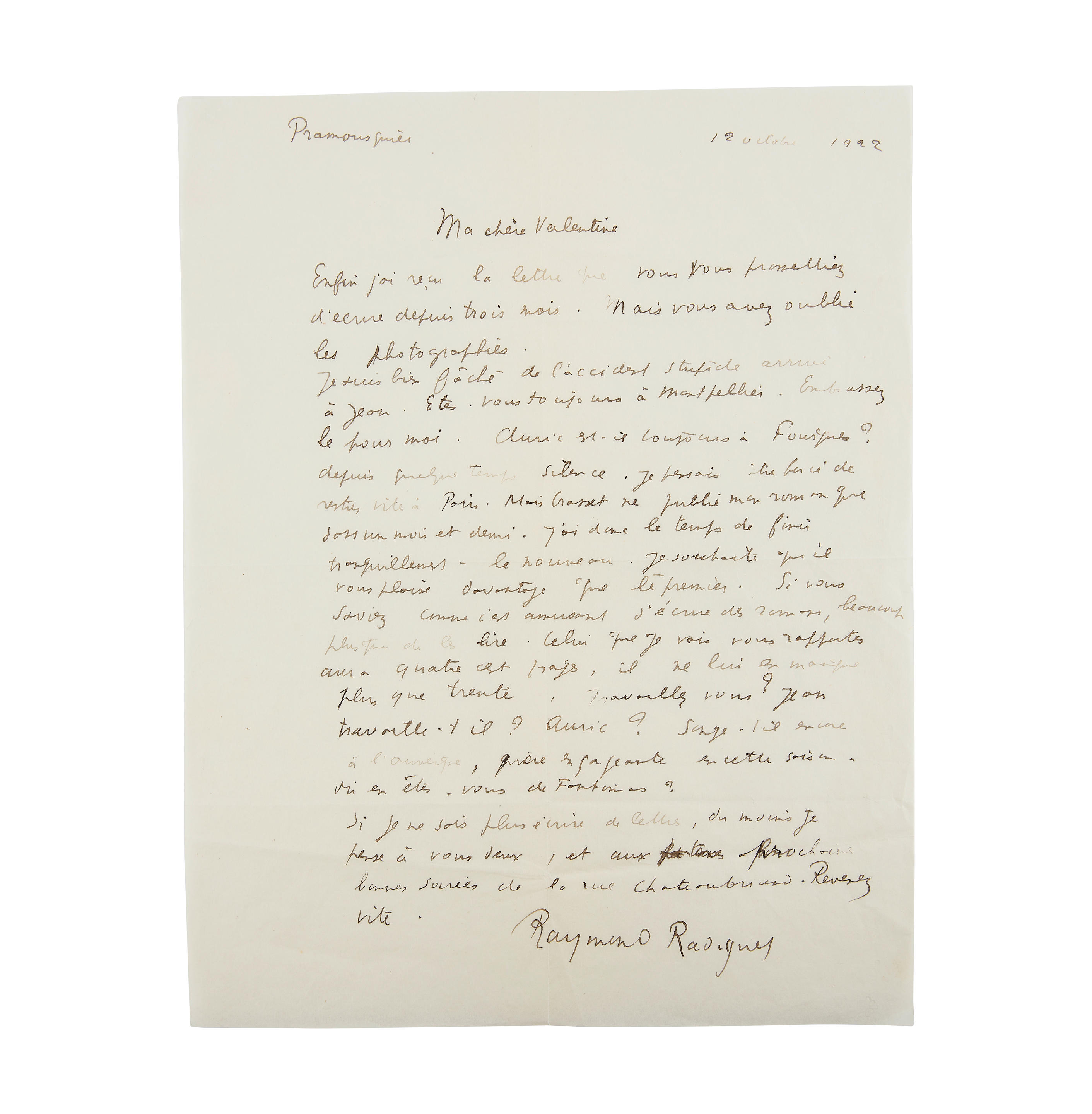 Appraisal: RAYMOND RADIGUET - LETTRE AUTOGRAPHE SIGN E Valentine HUGO Pramousquier