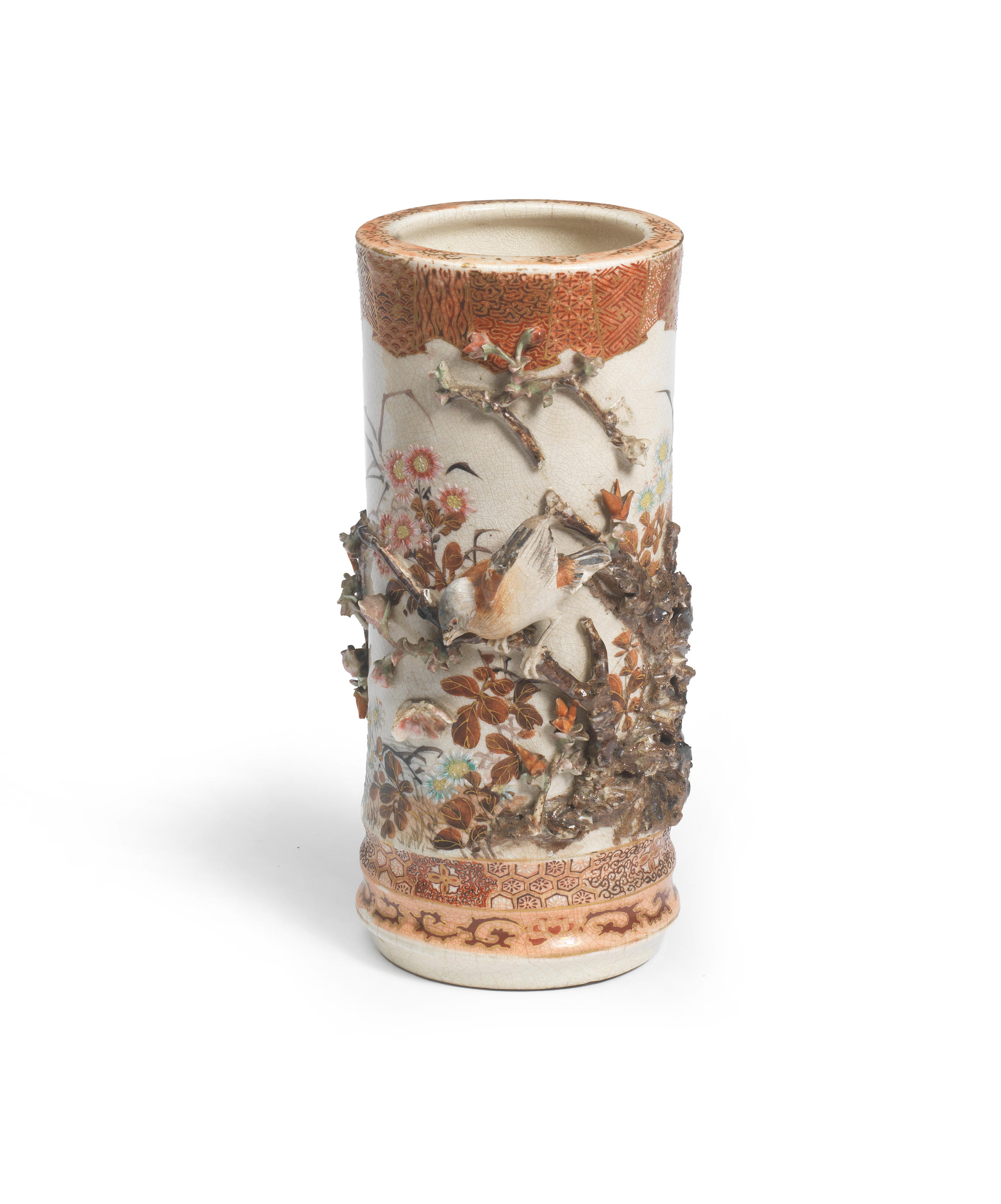 Appraisal: STYLE OF MAKUZU KOZAN An Earthenware Cylindrical Vase with Appliqu