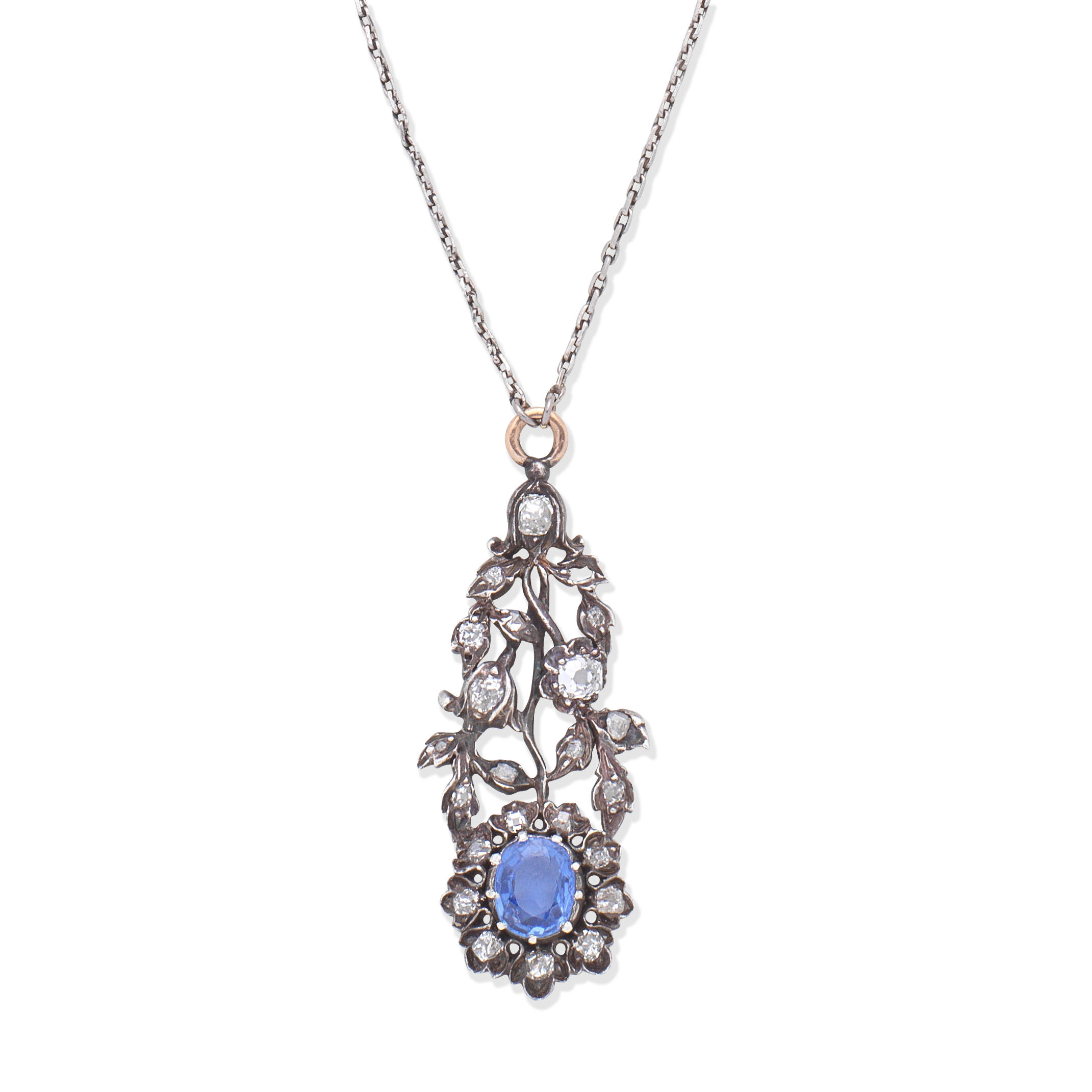 Appraisal: SAPPHIRE AND DIAMOND NECKLACE Cushion-shaped sapphire approx ct Cushion-shaped and