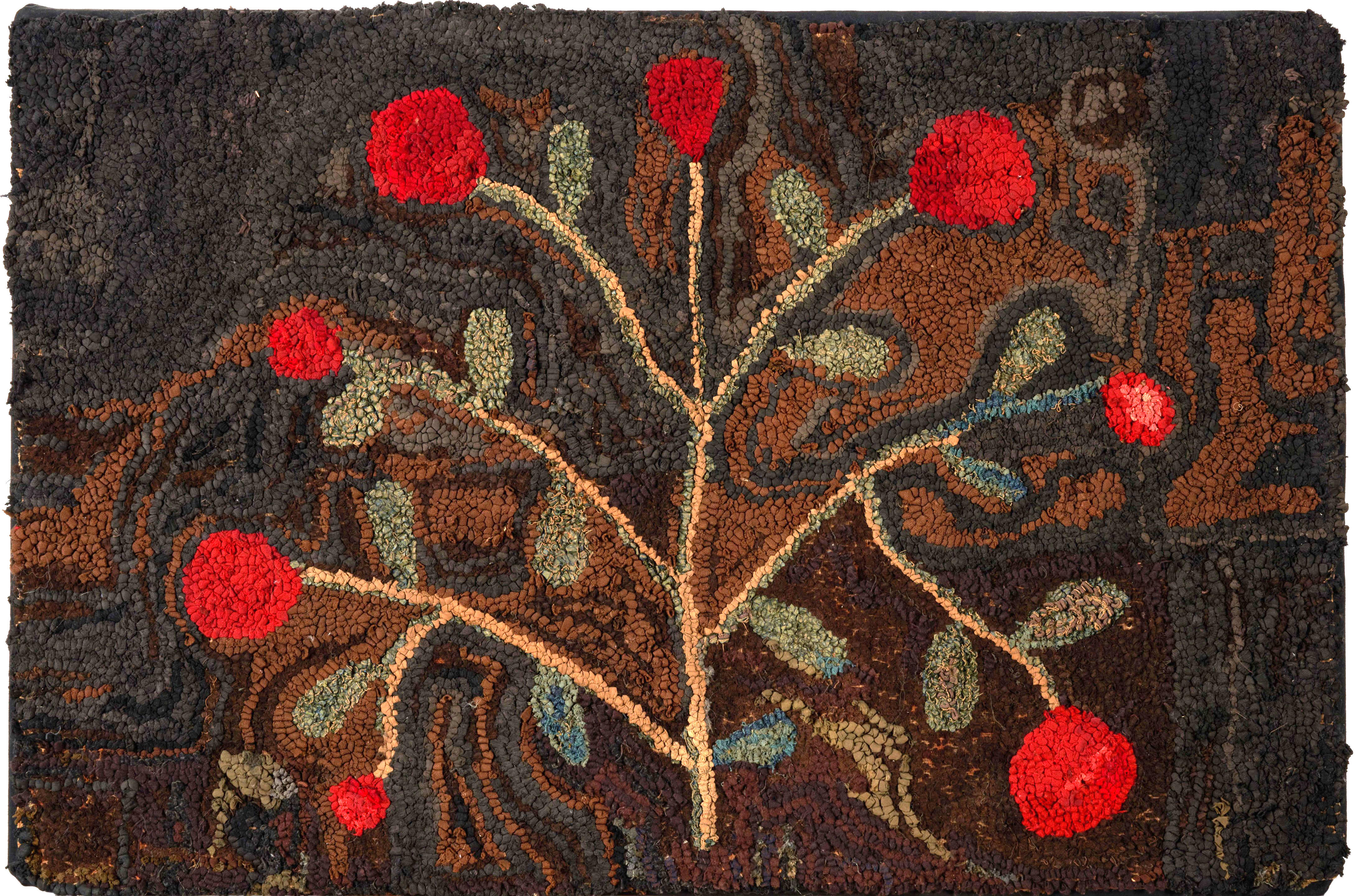 Appraisal: HOOKED RUG WITH RED FLOWERING TREE America th century Central