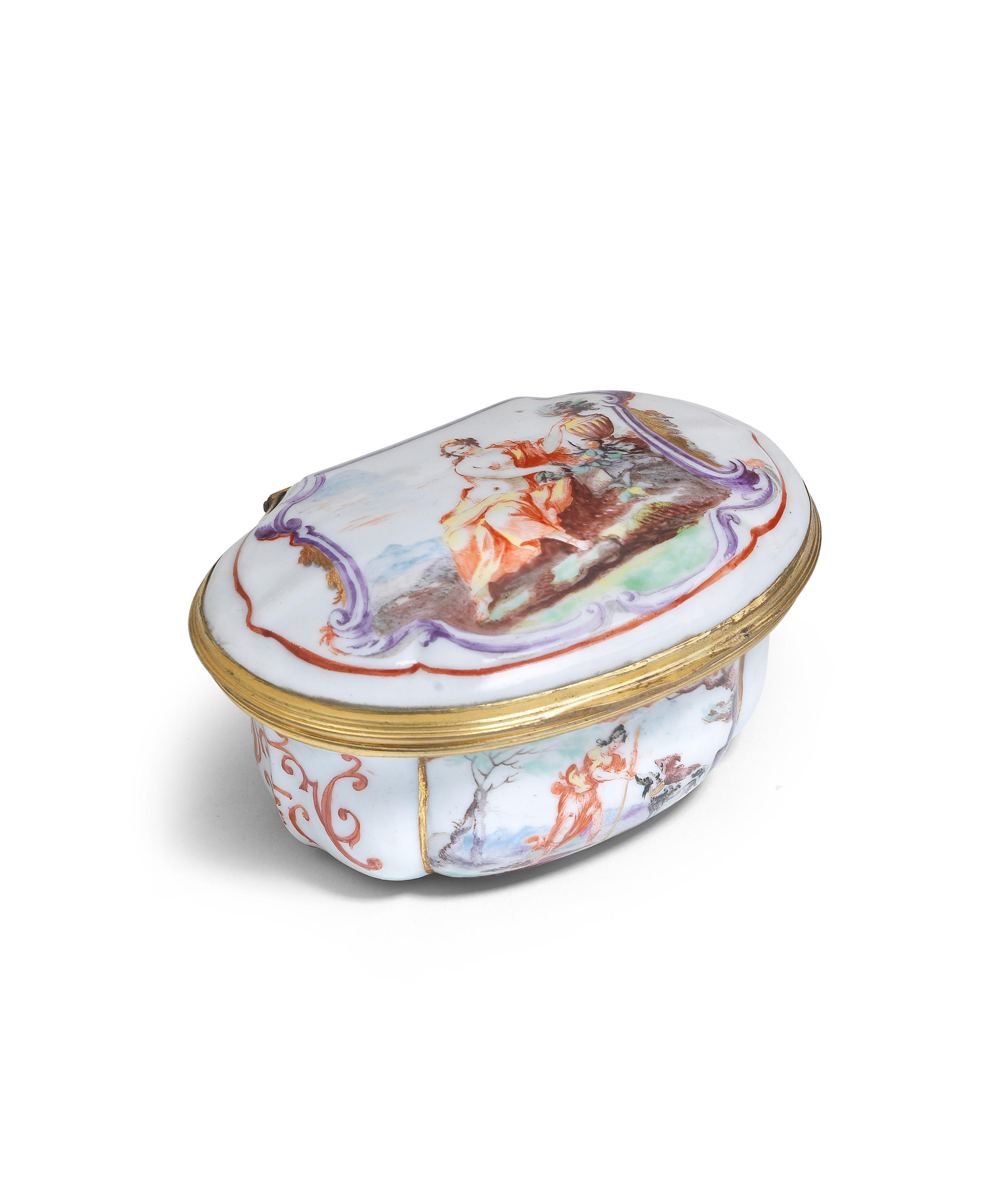 Appraisal: A DOCCIA LARGE GILT-METAL-MOUNTED OVAL SNUFF BOX CIRCA Painted with