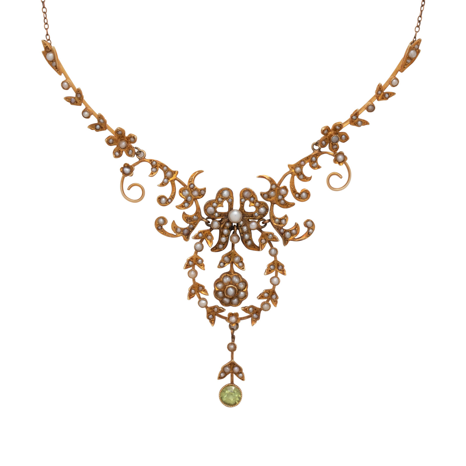 Appraisal: ANTIQUE YELLOW GOLD SEED PEARL AND PERIDOT NECKLACE Consisting of