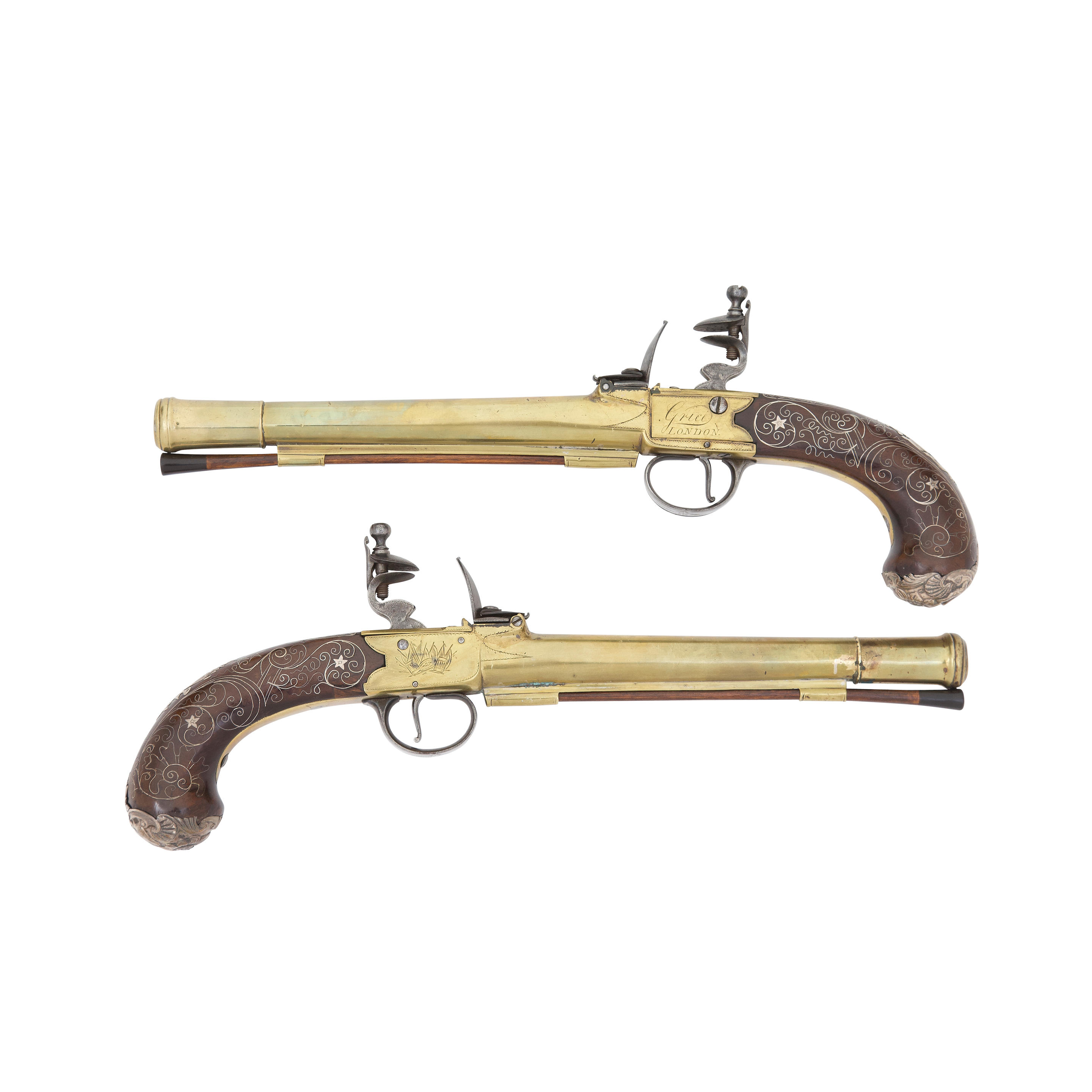 Appraisal: A LARGE PAIR OF FLINTLOCK BOX-LOCK PISTOLS BY GRICE LONDON