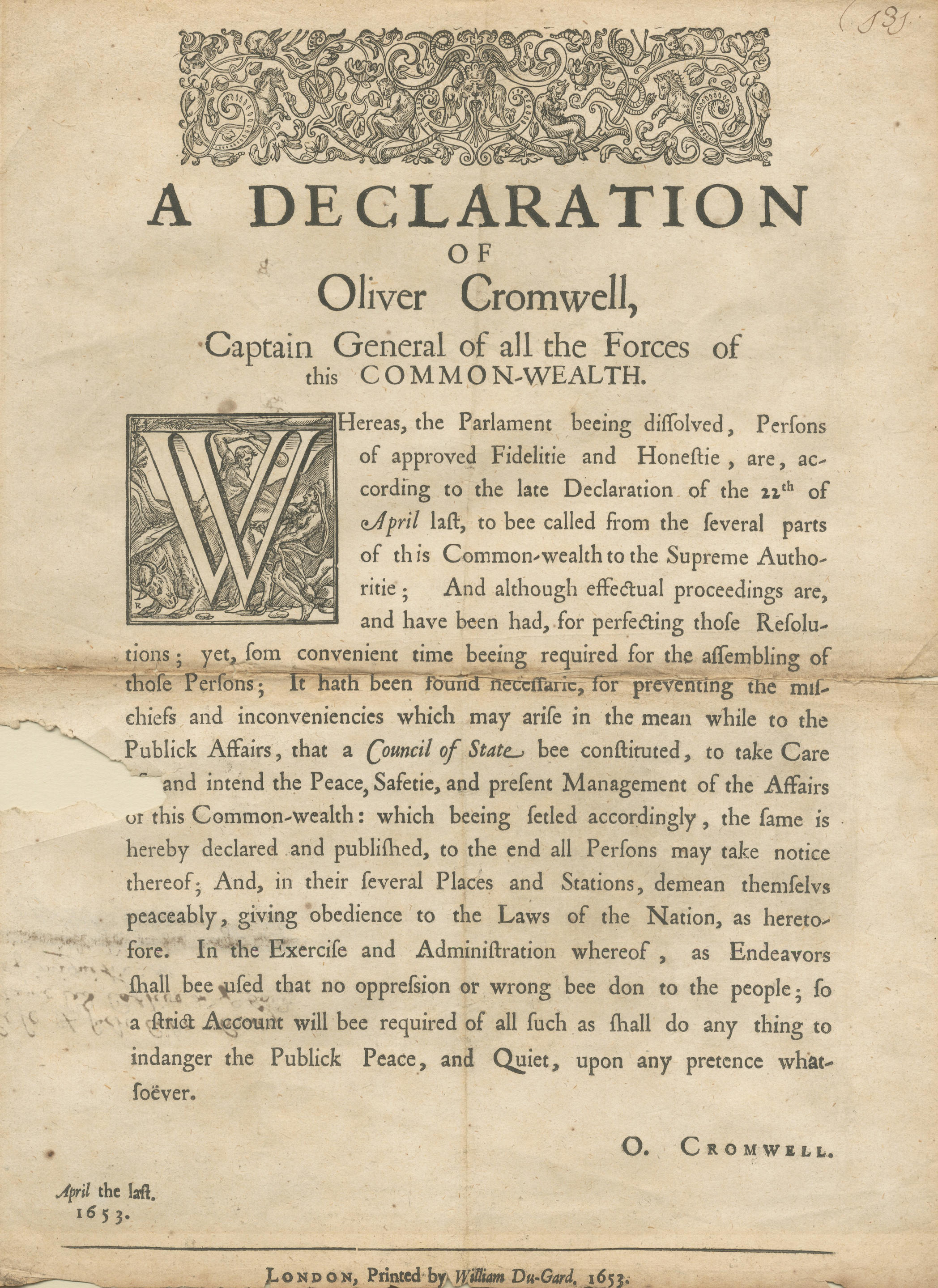 Appraisal: CROMWELL OLIVER A Declaration of Oliver Cromwell Whereas the Parlament