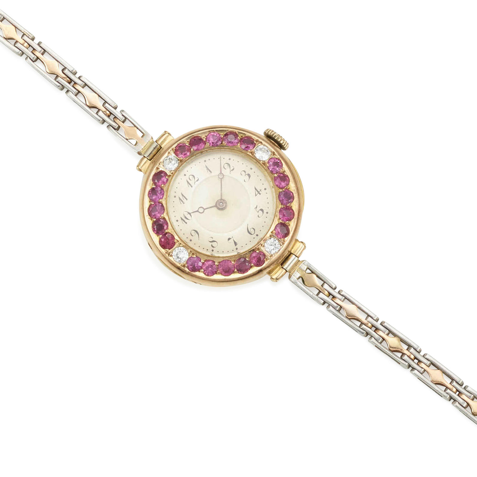 Appraisal: A GOLD ROSE GOLD PLATINUM RUBY AND DIAMOND WRISTWATCH CIRCA