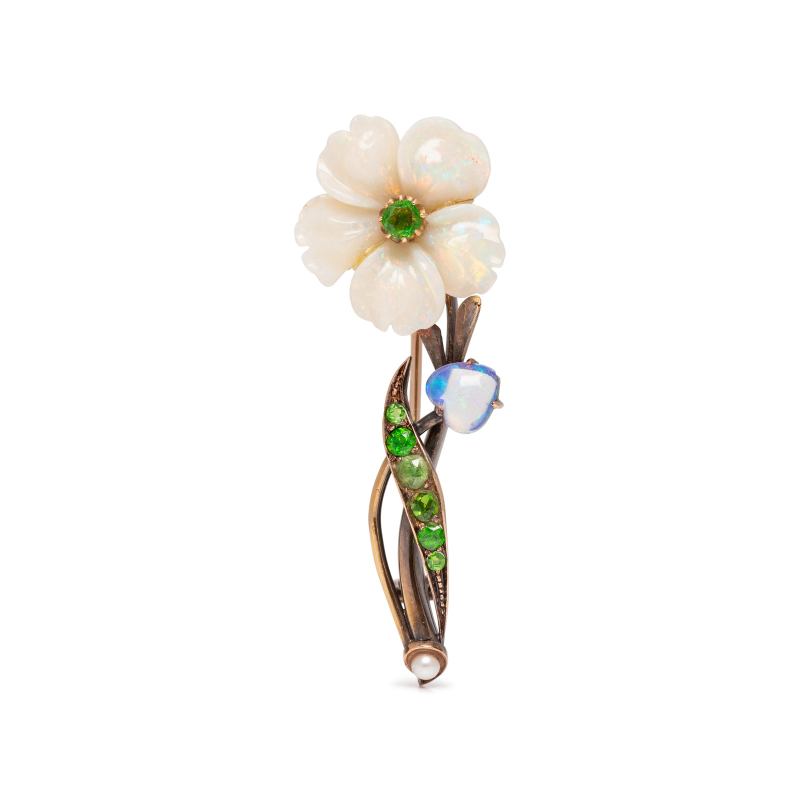 Appraisal: ANTIQUE RUSSIAN MULTIGEM FLOWER BROOCH Containing one carved opal flower