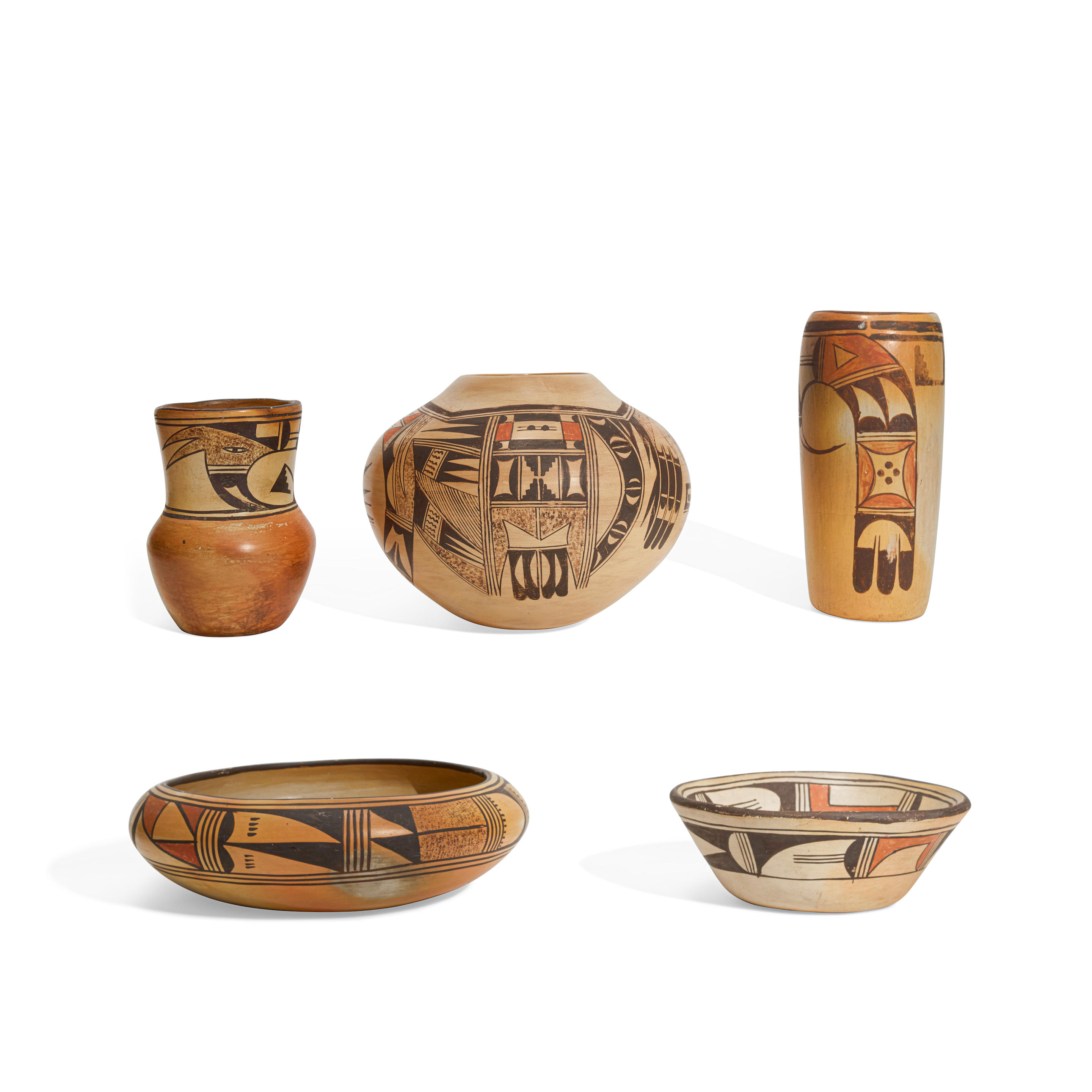 Appraisal: FIVE HOPI POTTERY VESSELS Comprising a bowl by Paqua Naha