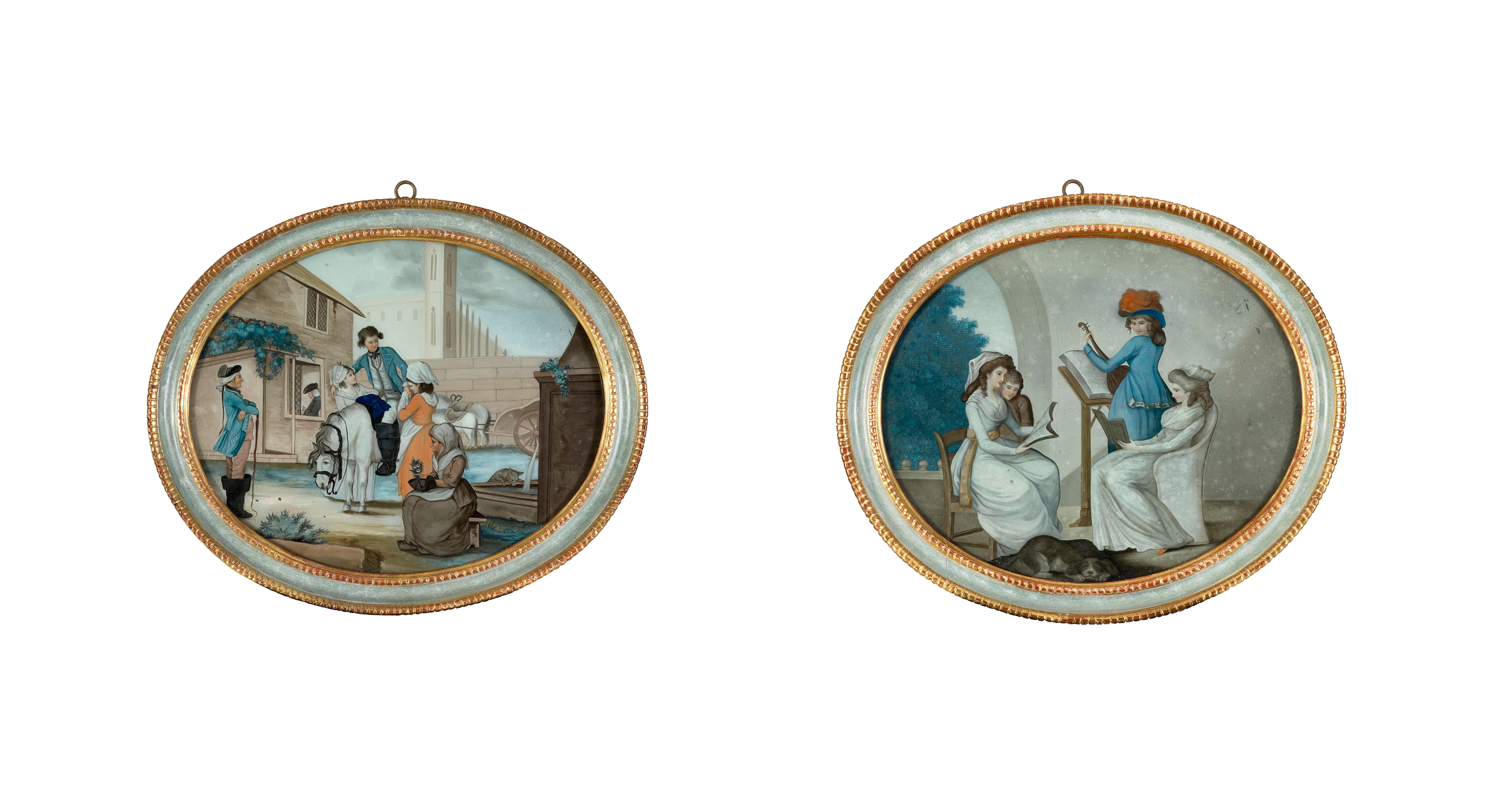 Appraisal: A PAIR OF REVERSE GLASS PAINTINGS AFTER WILLIAM BUNBURY Qianlong