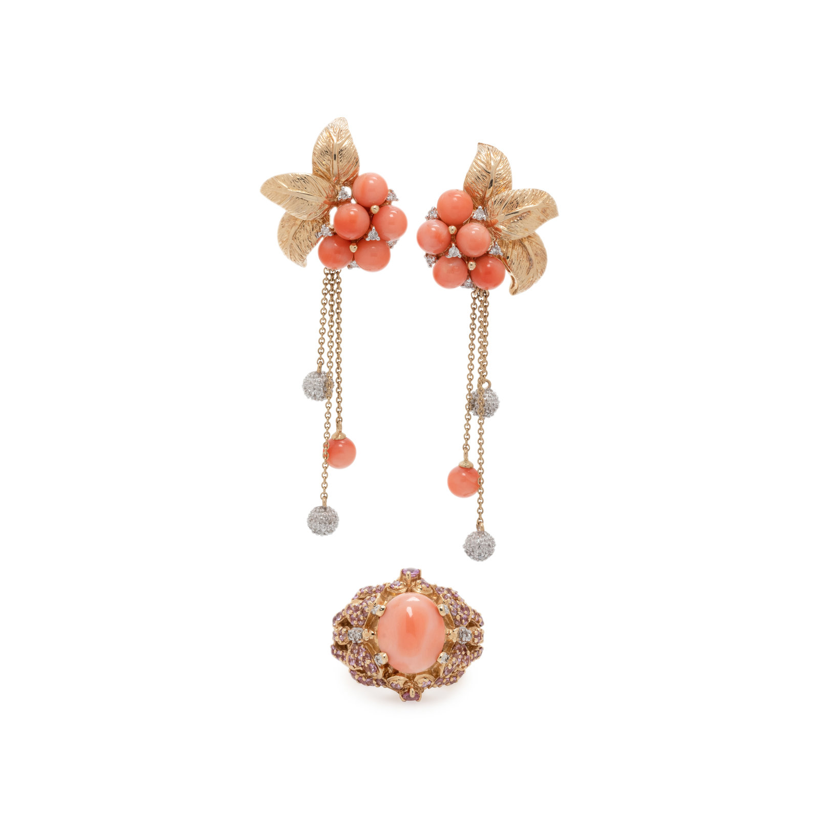 Appraisal: YELLOW GOLD AND CORAL JEWELRY Consisting of a pair of