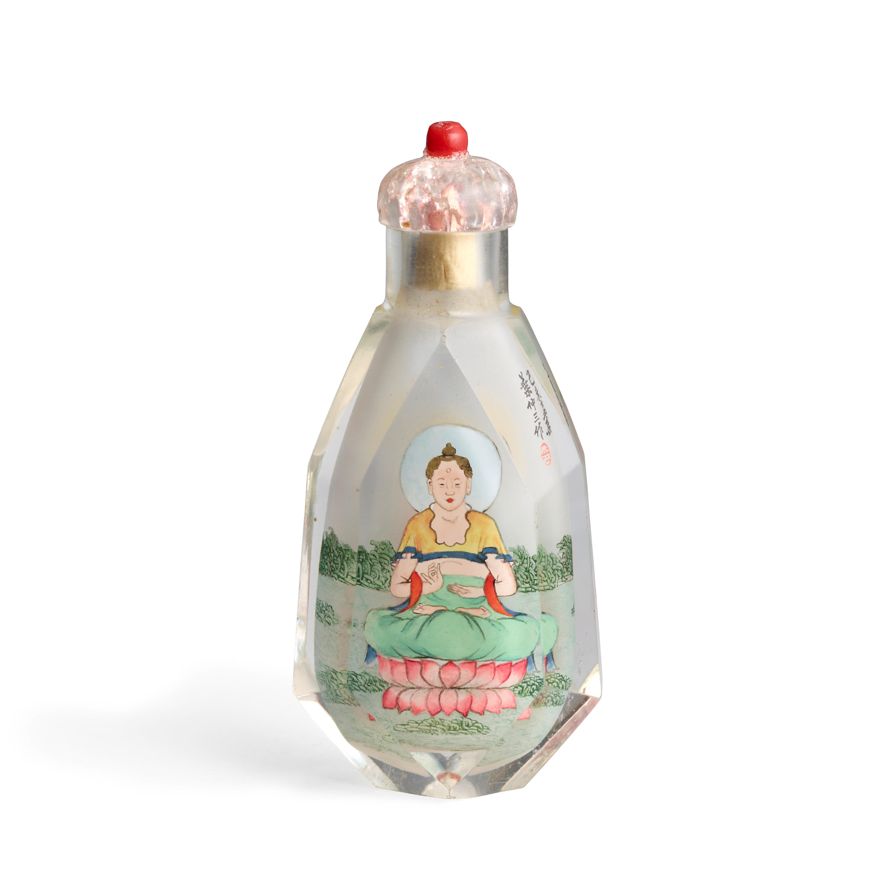 Appraisal: A DATED POLYGONAL INSIDE-PAINTED ROCK CRYSTAL 'BUDDHA' BOTTLE Ye Family