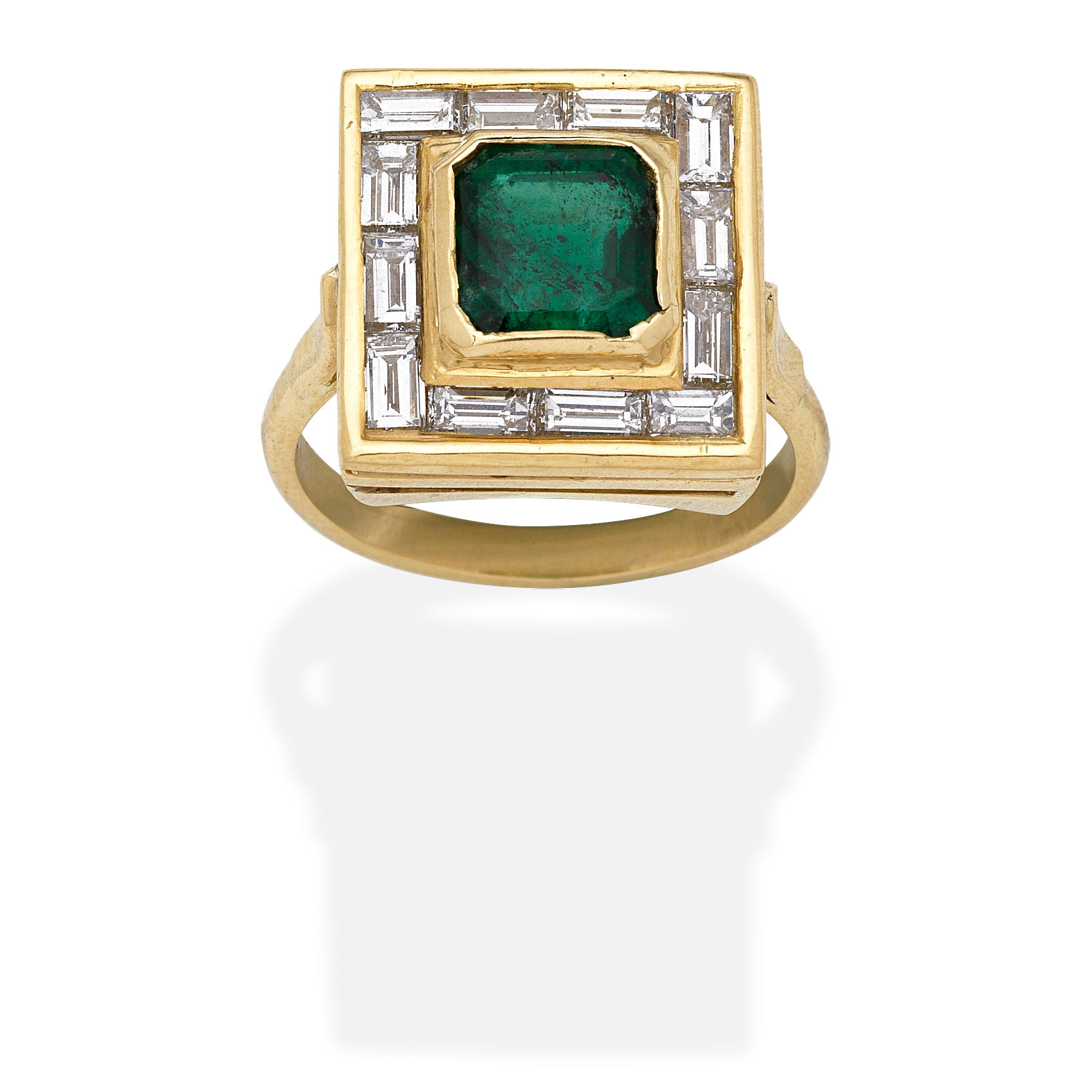 Appraisal: EMERALD AND DIAMOND RING Step-cut emerald and baguette-cut diamonds emerald