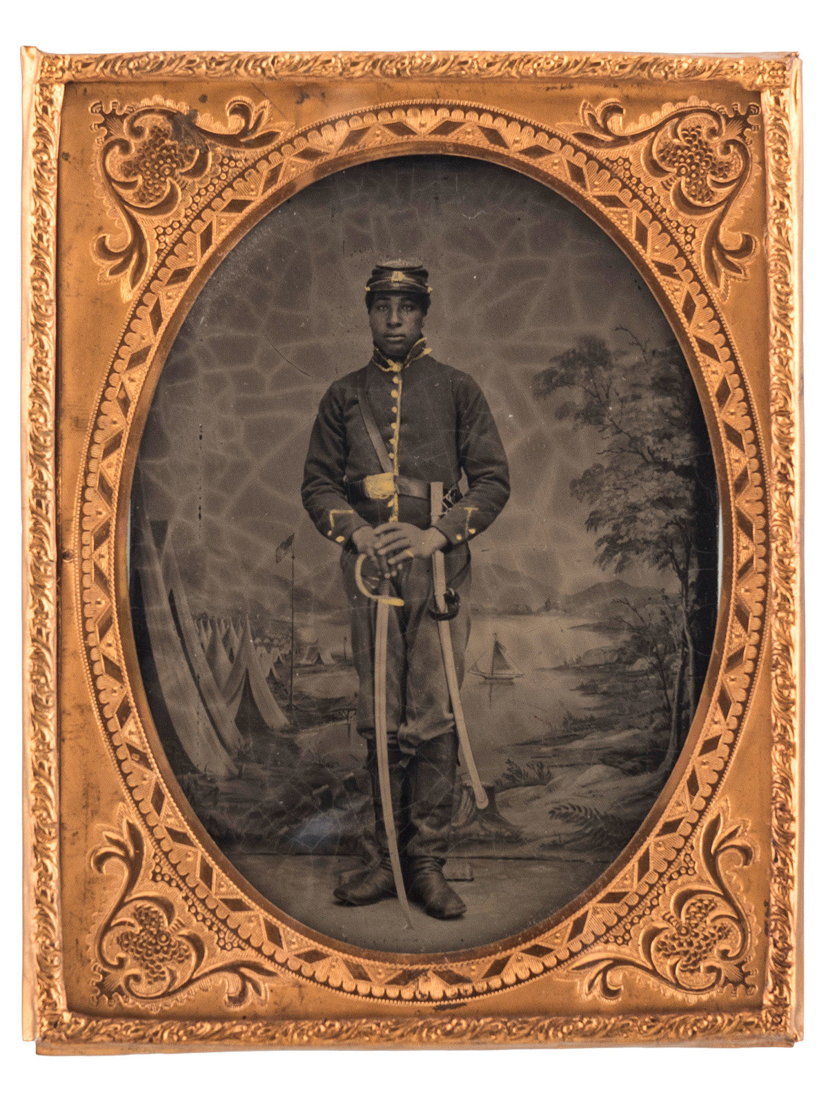 Appraisal: CIVIL WAR Tintype of armed African American cavalryman x in