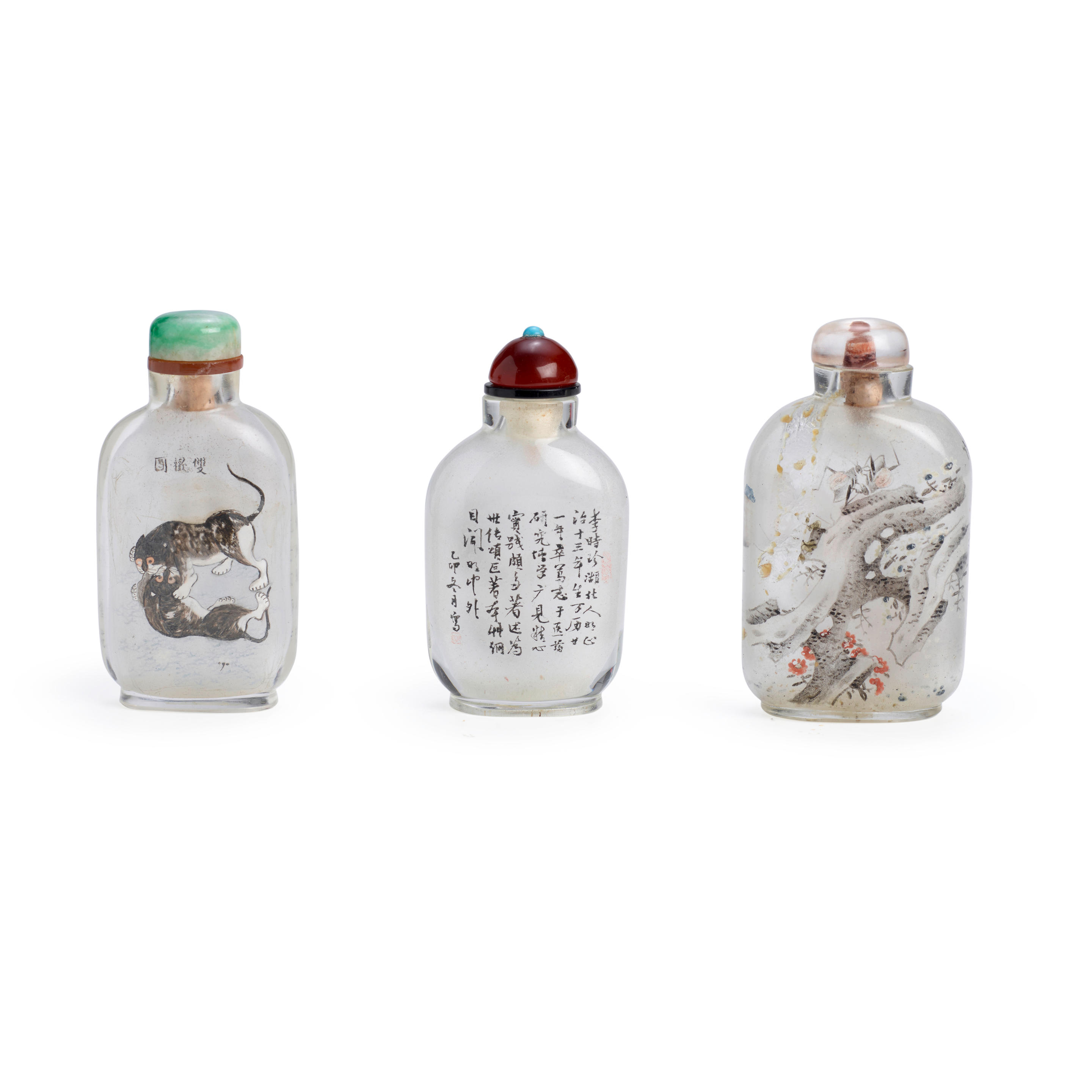 Appraisal: THREE INSIDE-PAINTED GLASS BOTTLES Dated dated circa The first signed