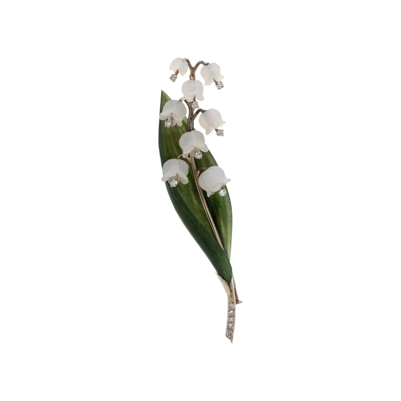 Appraisal: AUSTRIAN NEPHRITE ROCK CRYSTAL AND DIAMOND LILY-OF-THE-VALLEY BROOCH Consisting of