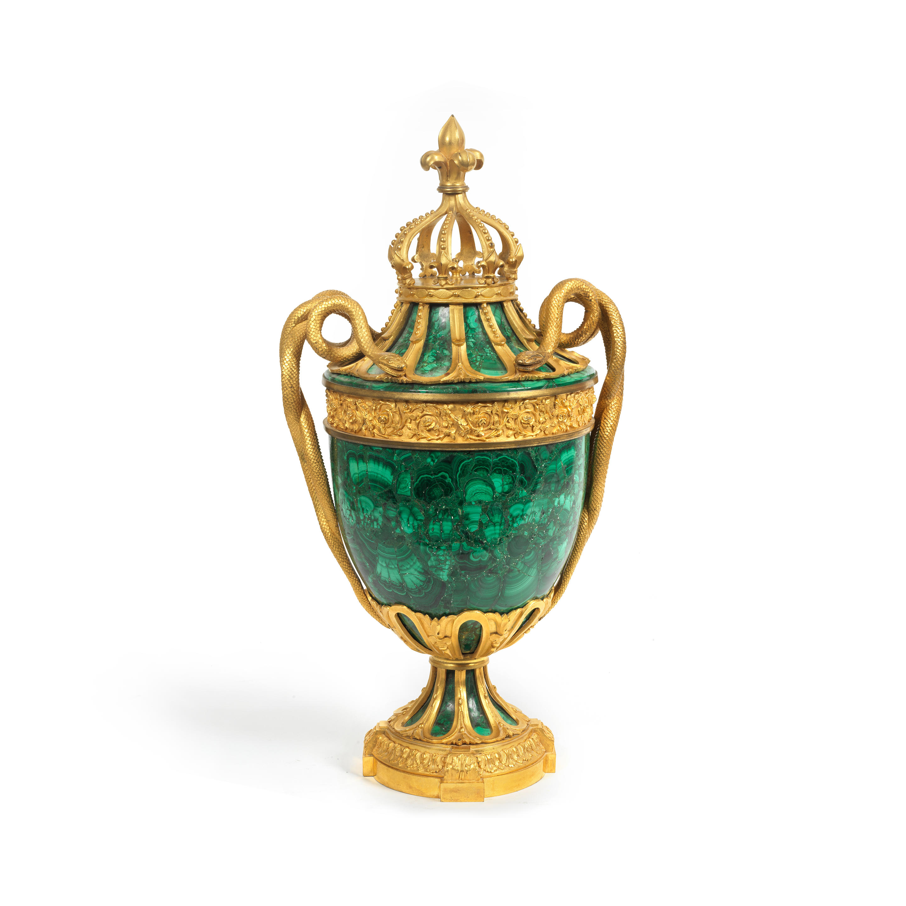 Appraisal: AN IMPRESSIVE GILT BRONZE AND MALACHITE CLAD TWIN SERPENT HANDLED