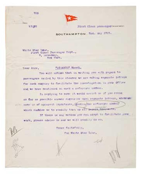 Appraisal: WHITE STAR LINE Titanic Group of file letters related to