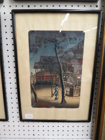 Appraisal: Japanese Woodcut Print noctural scene with figurines outside a residence