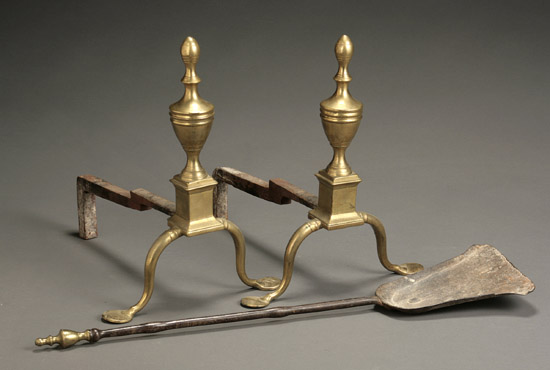 Appraisal: Pair of Federal Brass and Wrought Iron Andirons American or