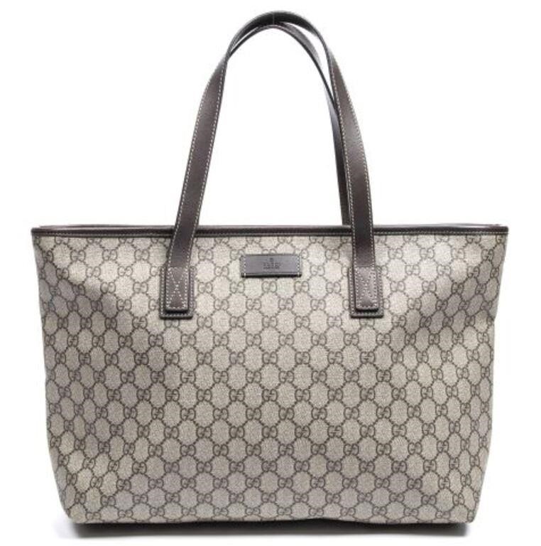 Appraisal: Gucci tote shoulder bag in beige Supreme monogram coated canvas