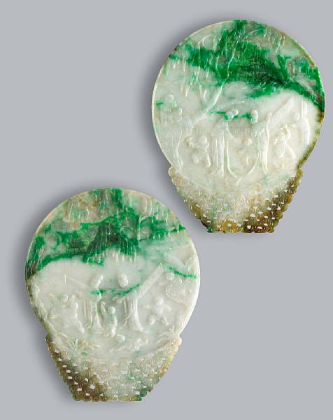 Appraisal: A pair of mottled green and white jadeite plaques and