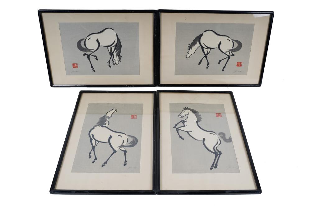 Appraisal: SET OF FOUR JAPANESE HORSE WOODBLOCK PRINTSeach signed and having