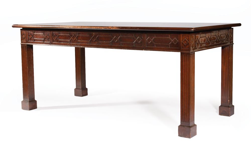 Appraisal: Carved Chippendale-Style Mahogany Library Table blind fretwork frieze with one