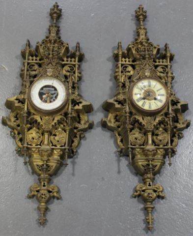 Appraisal: Matched Pair of th Century Gothic Revival BrassClock and Barometer